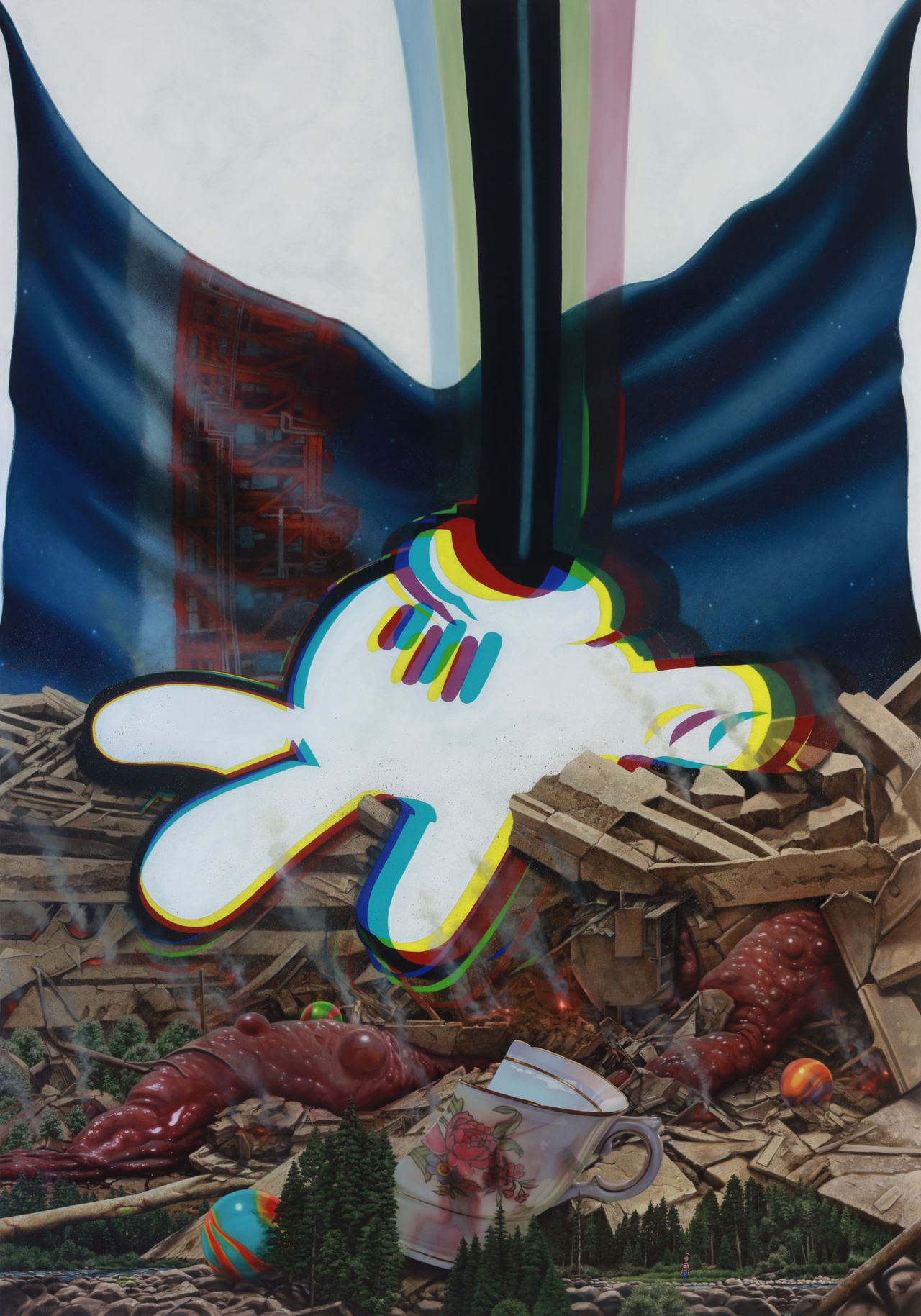 A giant white cartoon mickey mouse hand outlined in vivid colors descends amid rubble, red organic fleshy forms, a floral cup, striped marbles, and miniature evergreen trees.