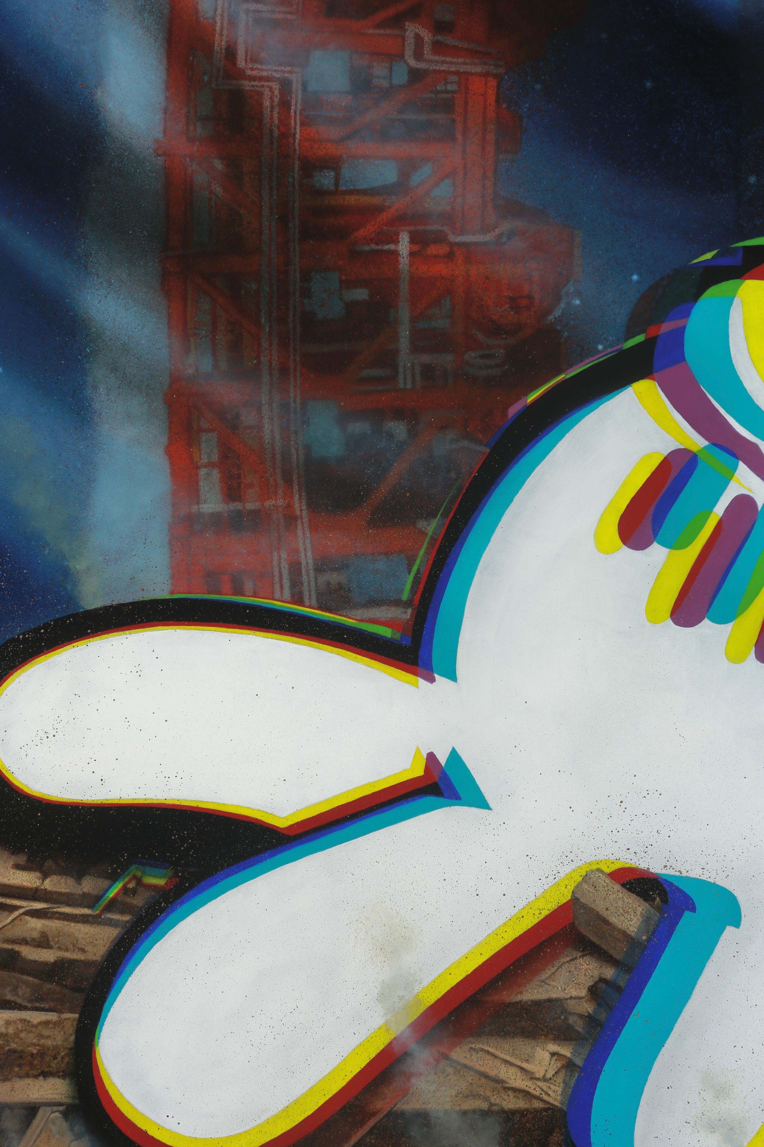 Abstract painting with hazy red grids against deep blue, crossed by cartoon mickey mouse hand outlined in black, turquoise, yellow, red, and purple.