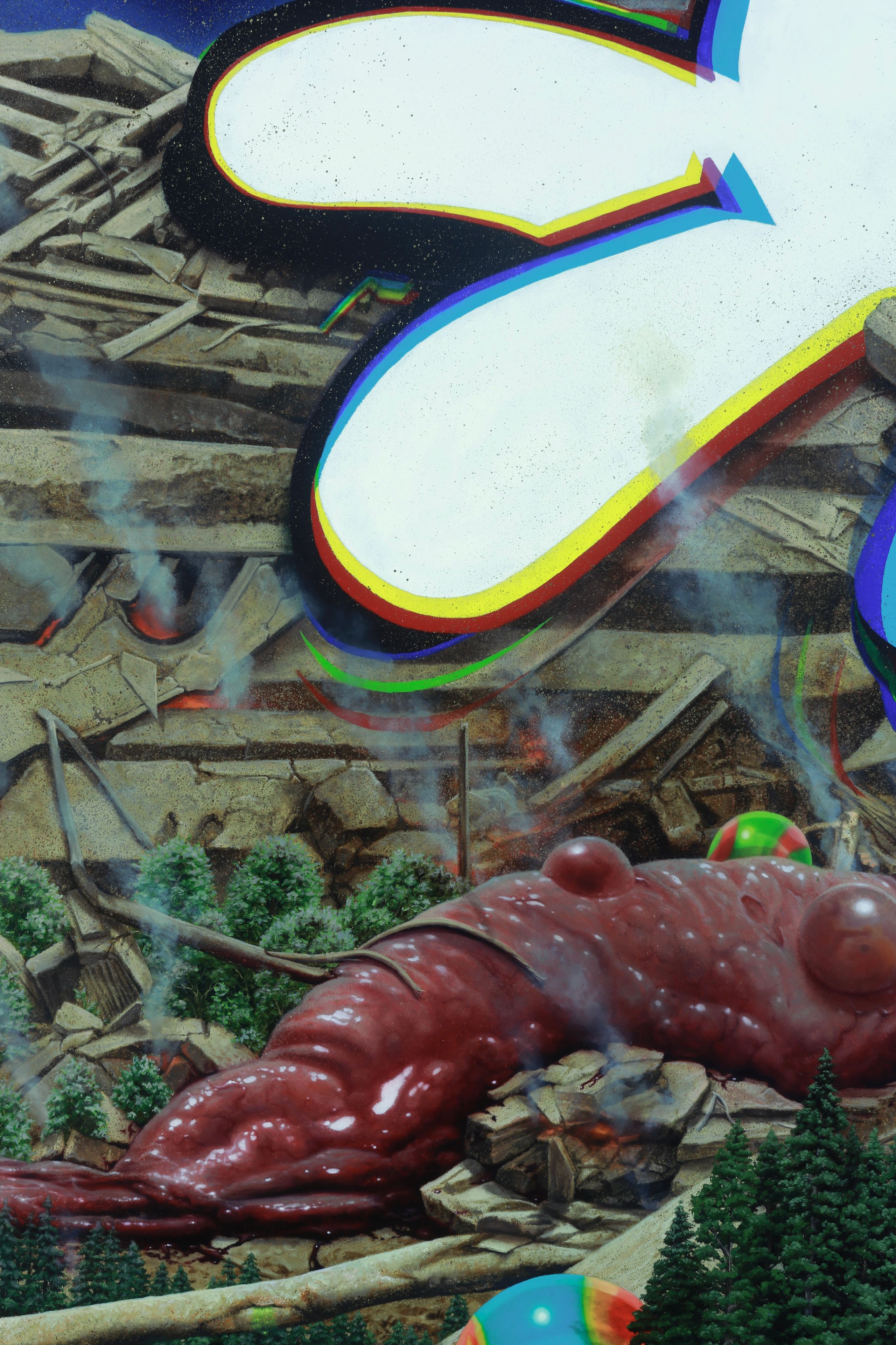 An oversized white form with rainbow outlines spans rubble and greenery above a glossy red mass, with bright striped spheres along the edges.