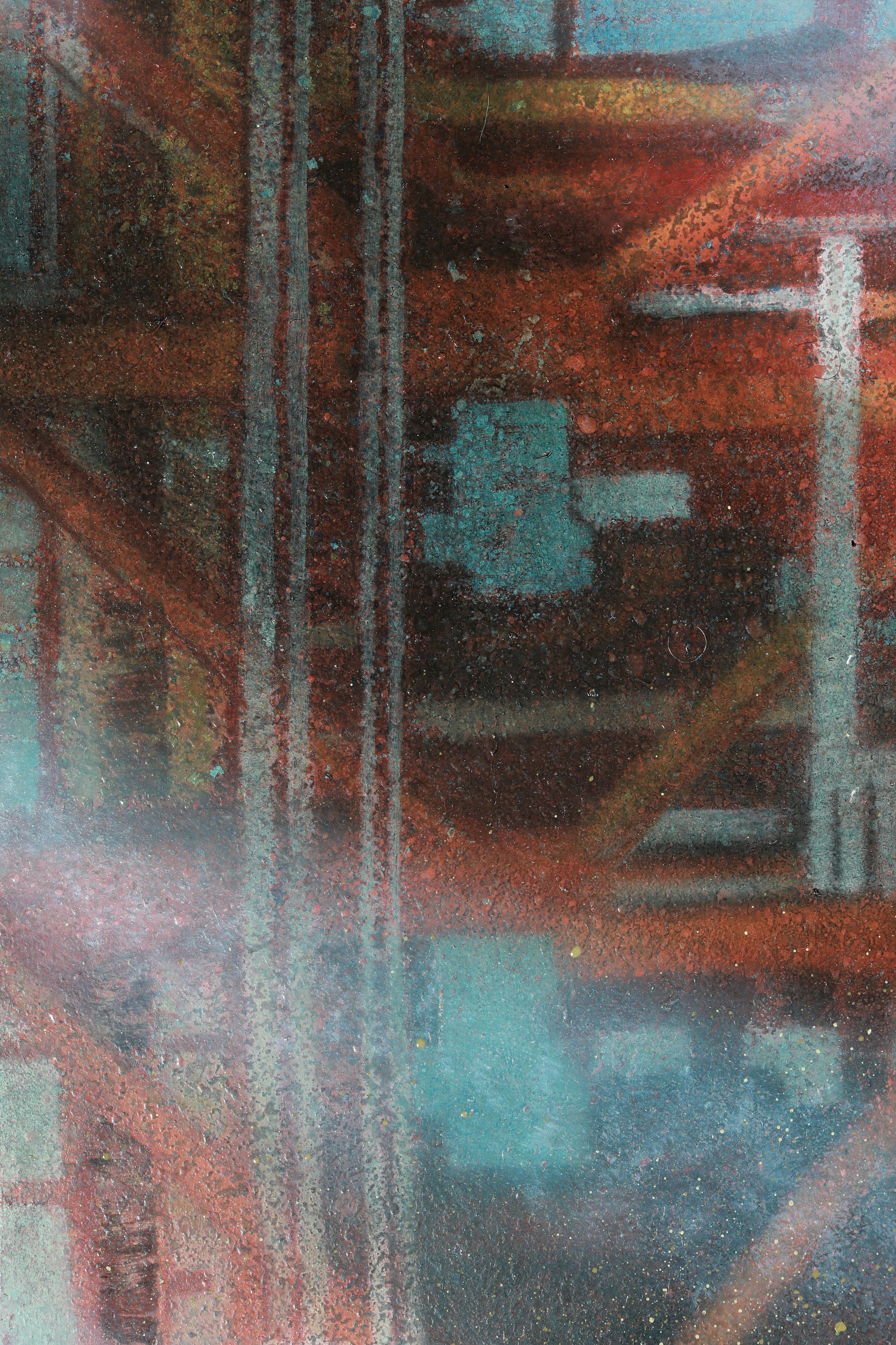 detail of painting with layered rust-red, turquoise, black, and pale blue fields, crossed by vertical streaks and scattered speckles.