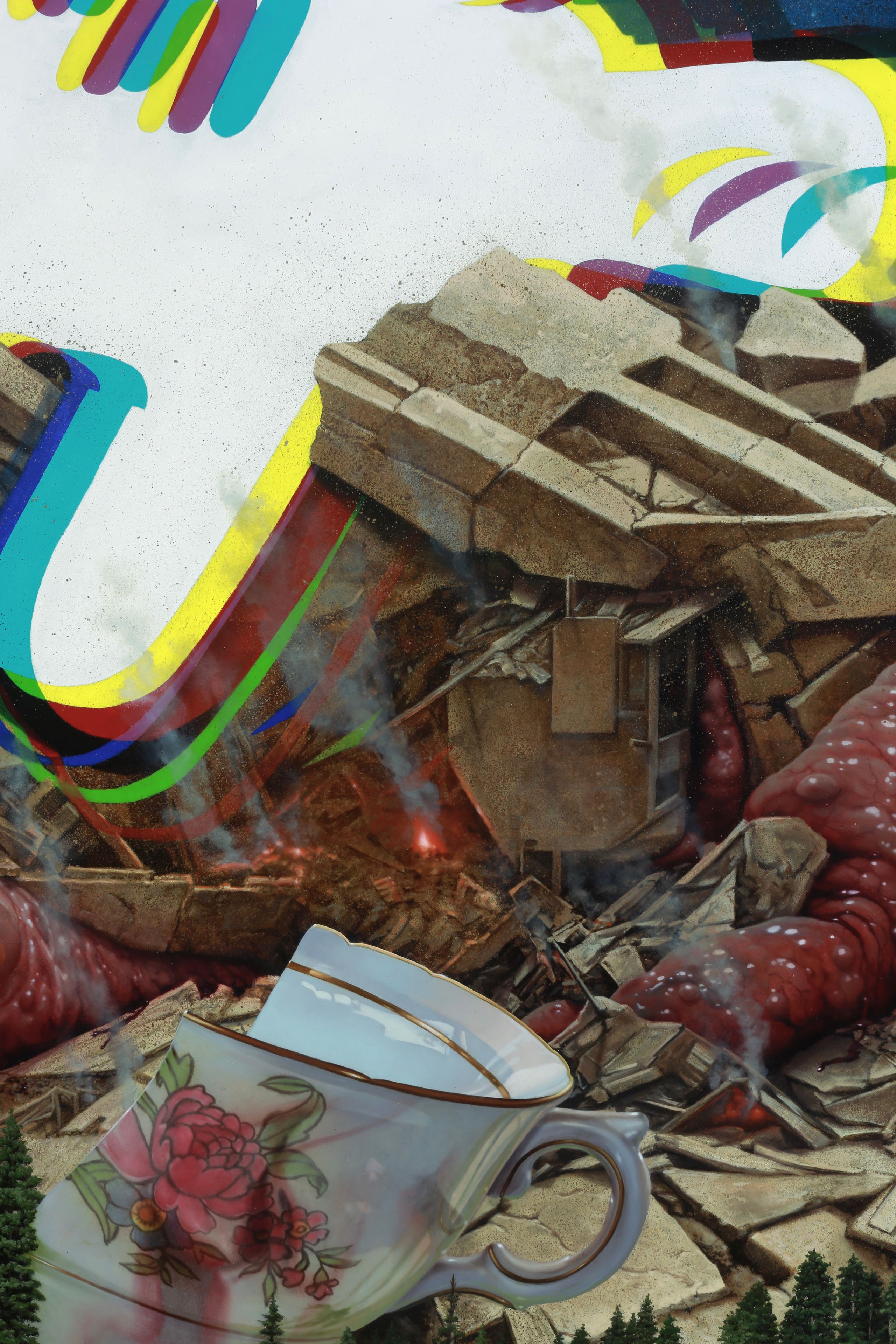 A broken floral teacup rests amid smoking rubble and red organic forms, beneath looping rainbow bands against a broad white field.