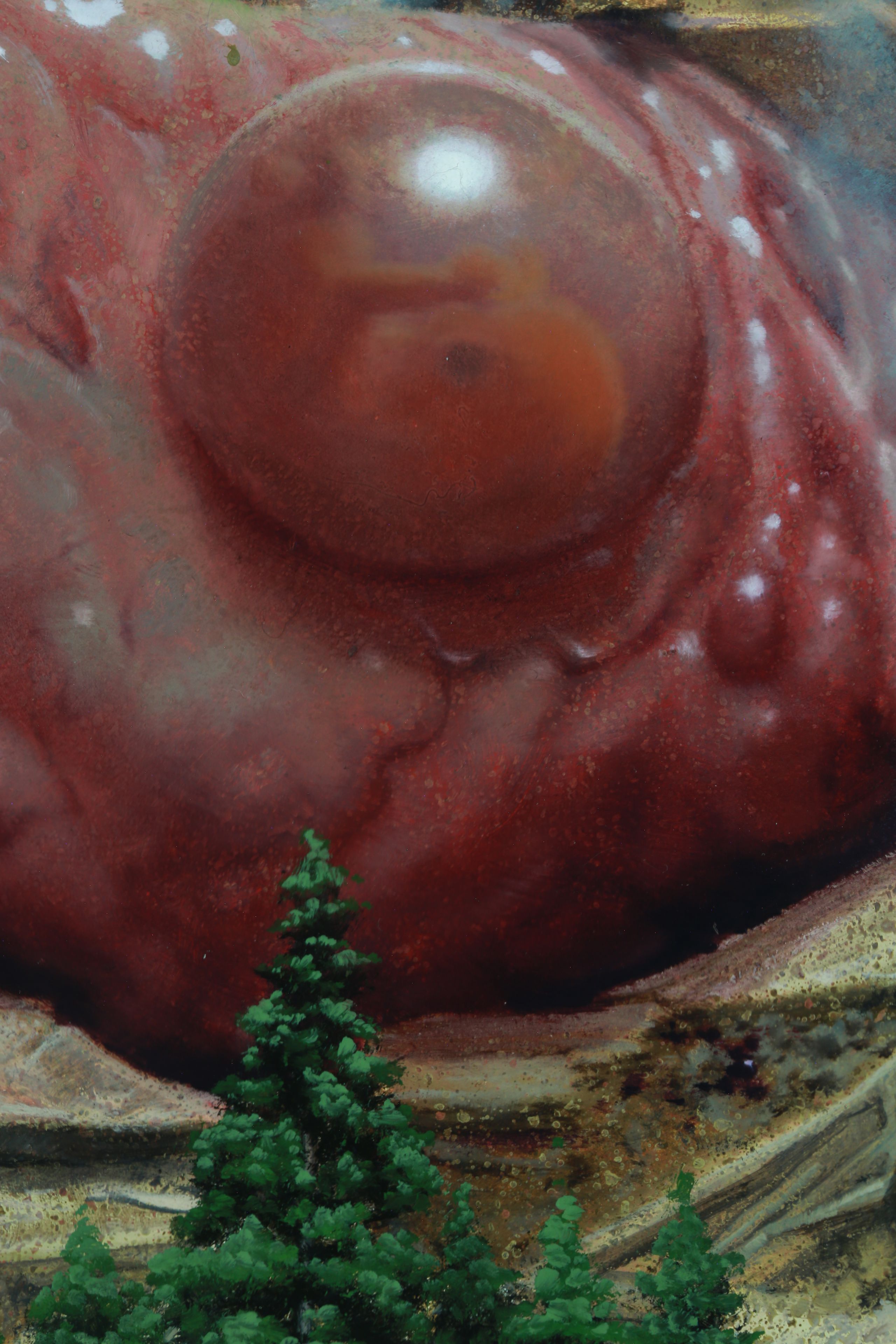 A broad red rounded fleshy form with white highlights dominates above dark curves and clustered green foliage-like strokes on a mottled ochre ground.