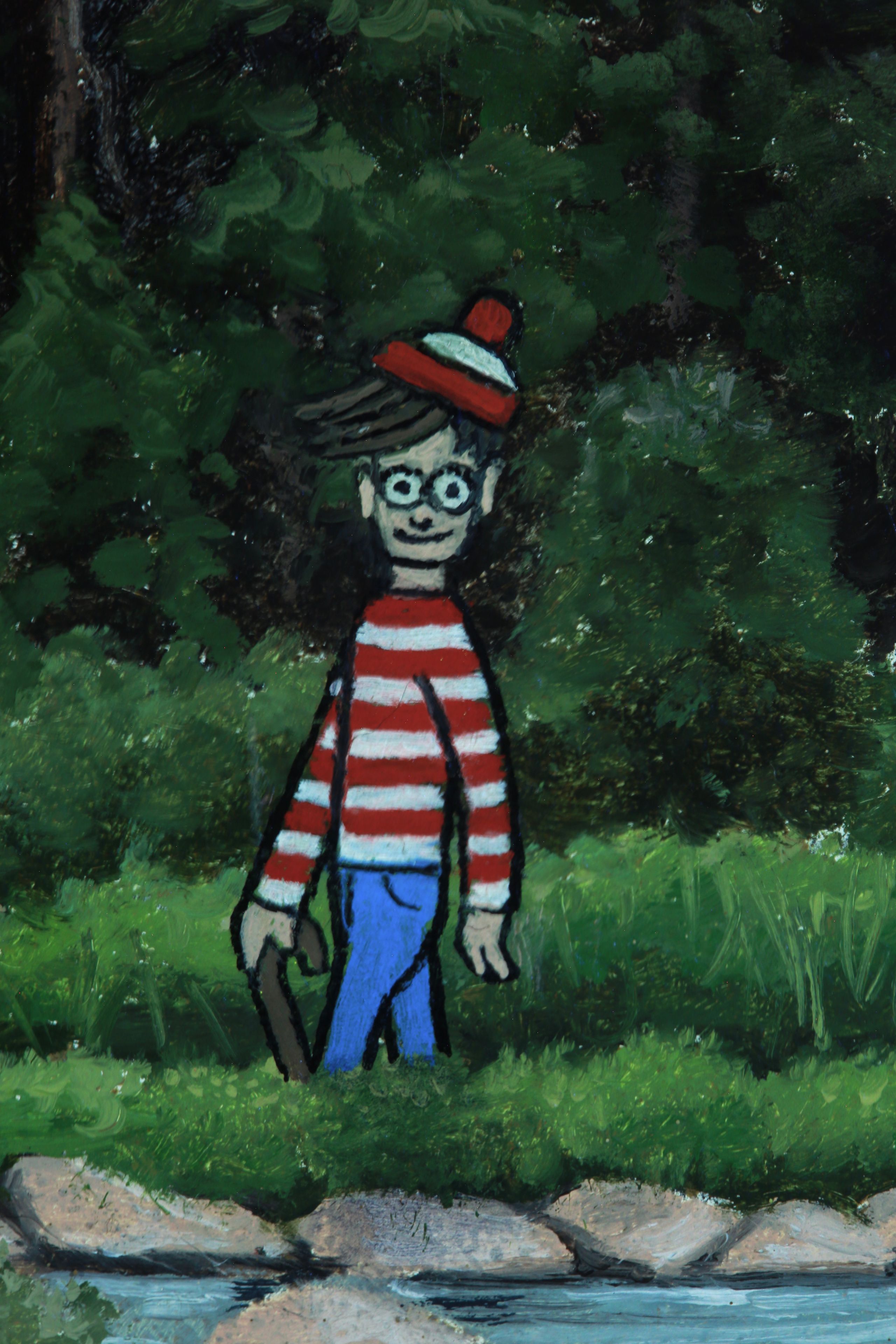 where's waldo, a small cartoon figure in a red-and-white striped shirt, blue trousers, and brimmed hat stands against dense, dark green foliage.