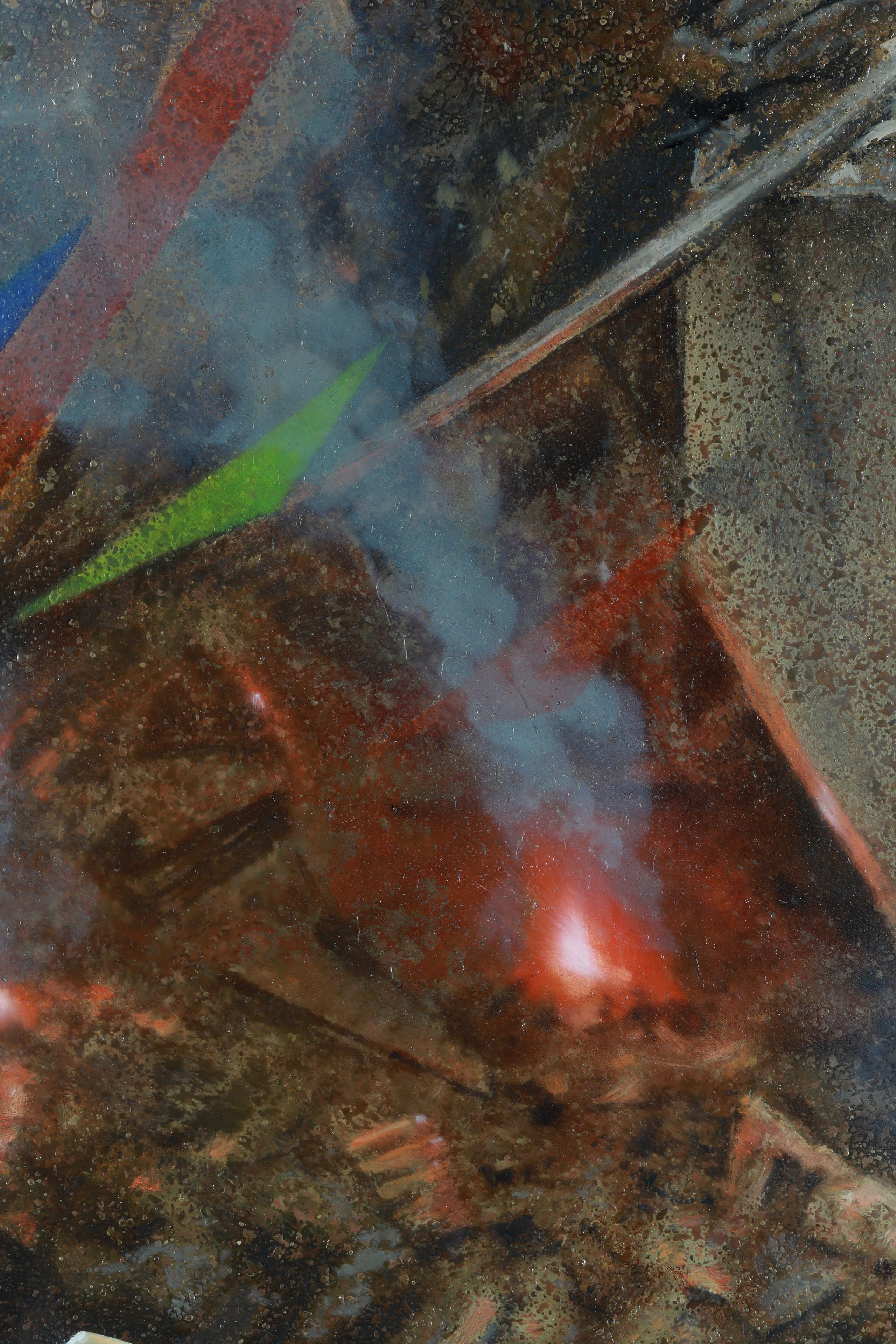Close detail of a painting with mottled brown, blue, and red fields crossed by green, orange, black, and white diagonals.