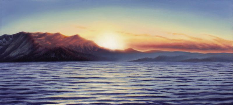 Wide painting of Lake Tahoe at sunset, with rippling blue water, dark mountain silhouettes, and a hazy yellow-orange sky.