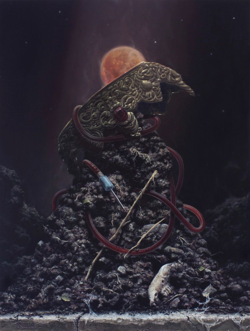 An ornate, tarnished metal overturned crown rests atop dark soil, entwined with red blood tubes and a blue-tipped needle and animal bones beneath a reddish moon.