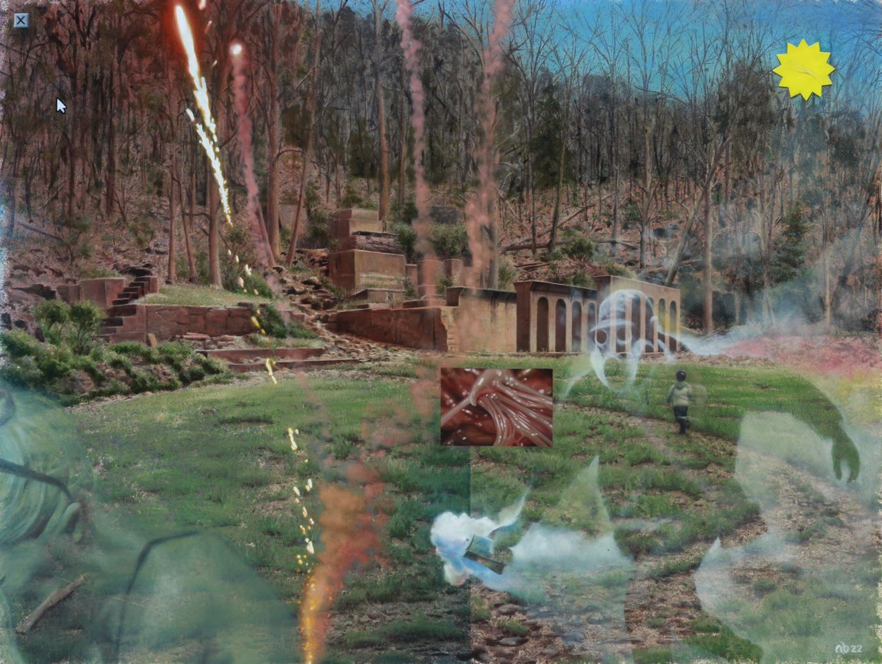 Woodland ruins and a grassy clearing are layered with translucent figures, drifting smoke, fiery streaks, a small running figure, and a yellow starburst.
