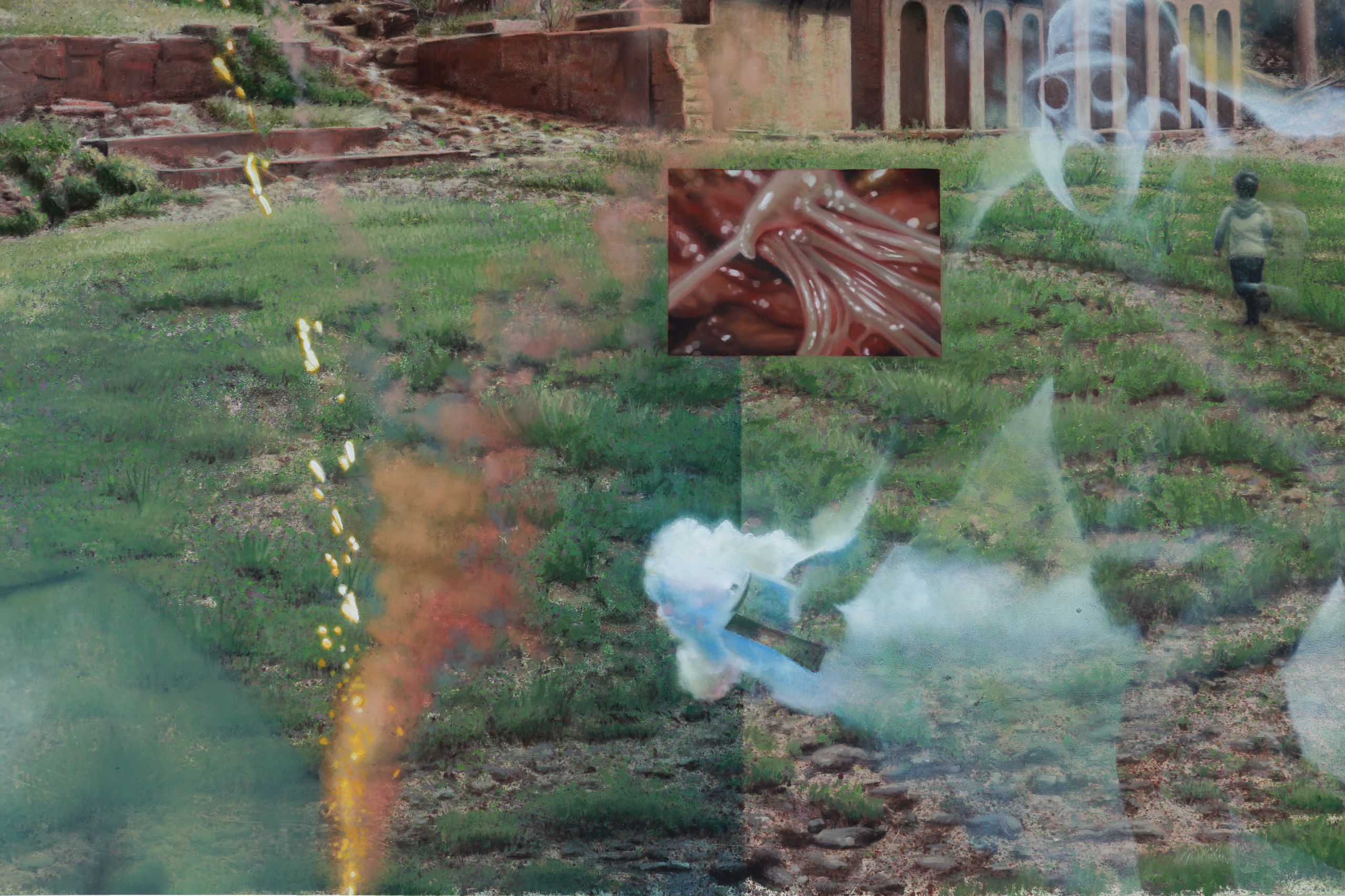 A figure runs through grassy ruins amid translucent blue smoke, orange sparks, ghostly circular forms, and a central inset of red striated tissue.