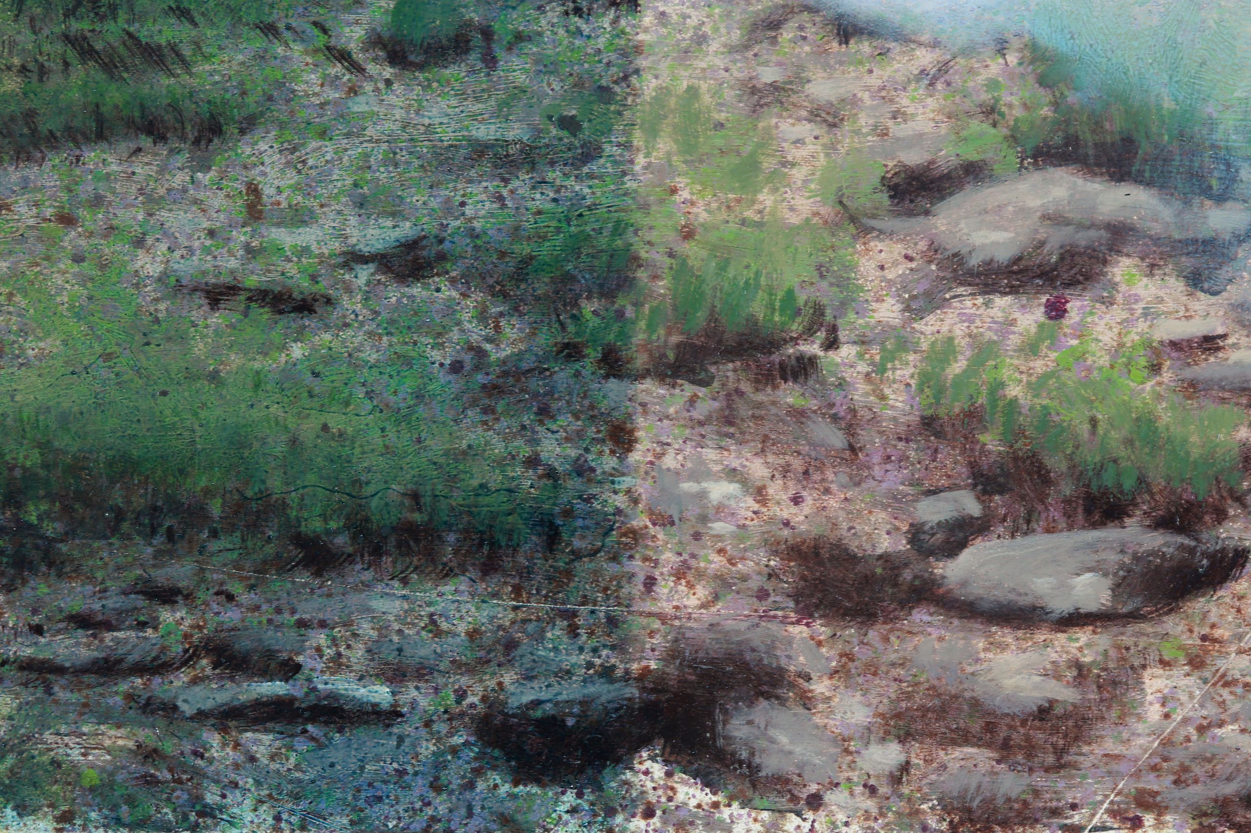 Abstract landscape painting divided between dense blue-green brushwork and pale rocky ground dotted with bright green grasses.