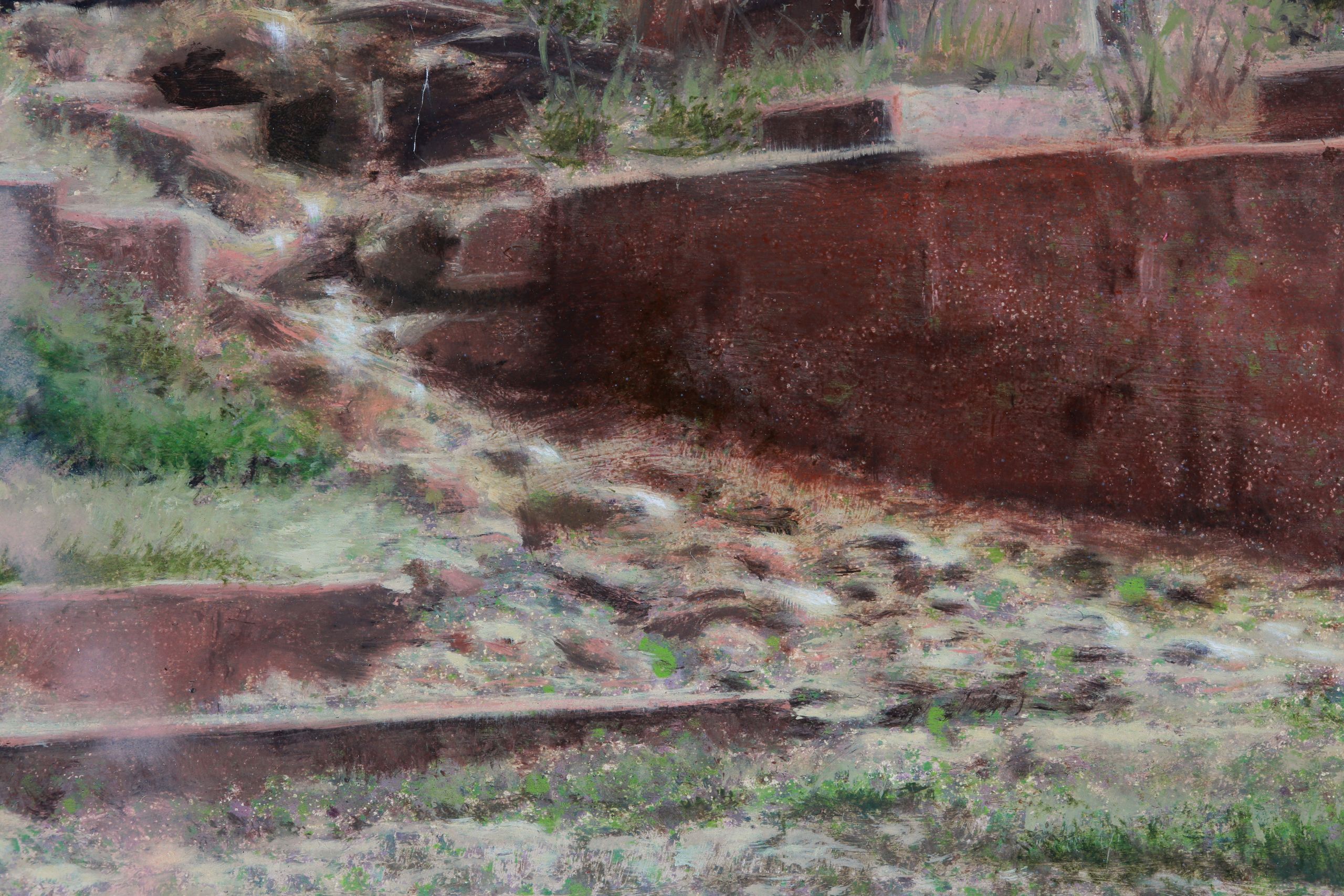 Muted, loosely painted landscape with a broad reddish-brown wall, pale rocky ground, and patches of green vegetation.