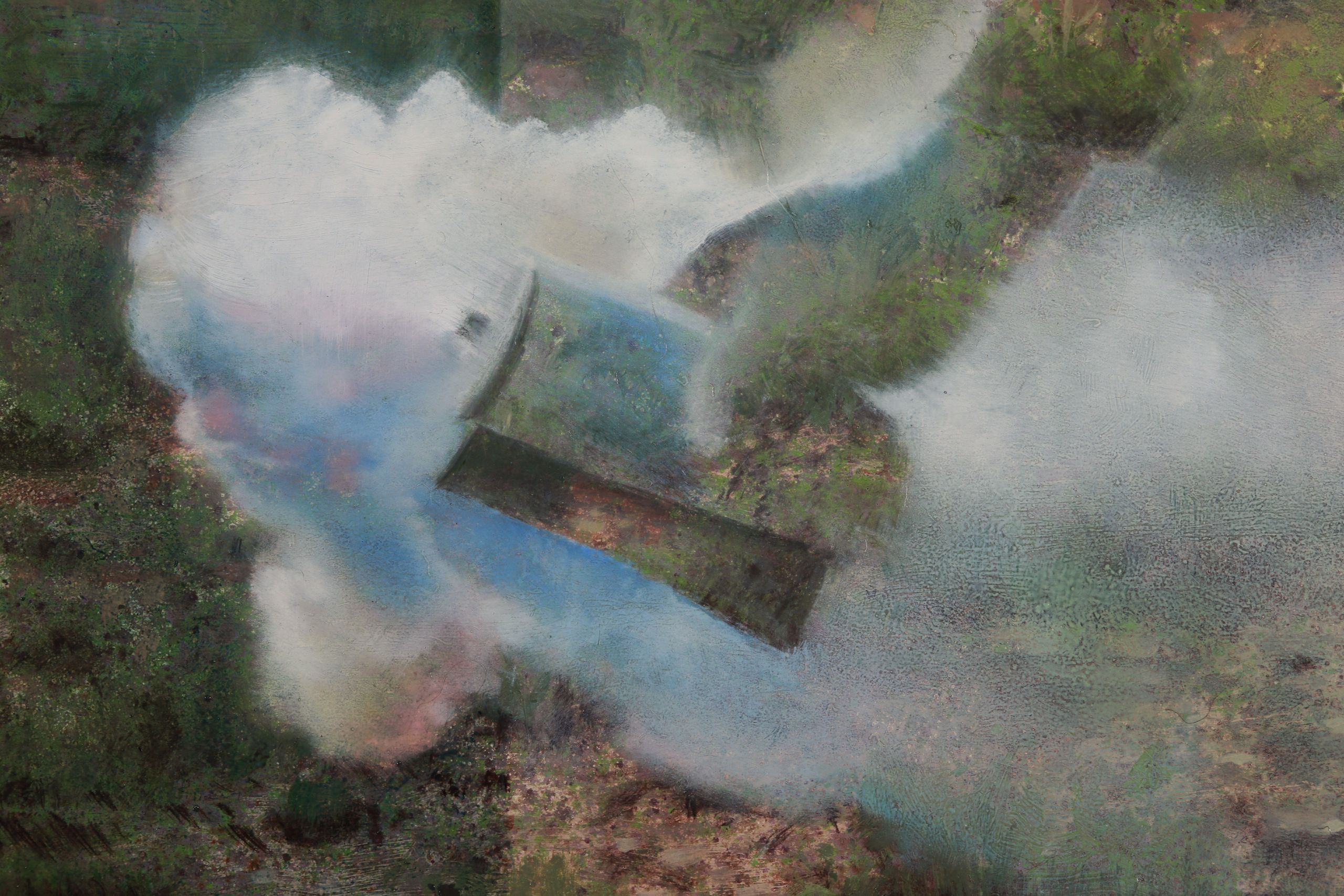 Close-up painting of a hand gripping a tear gas canister and smoky clouds amid mottled green, brown, and gray textures.