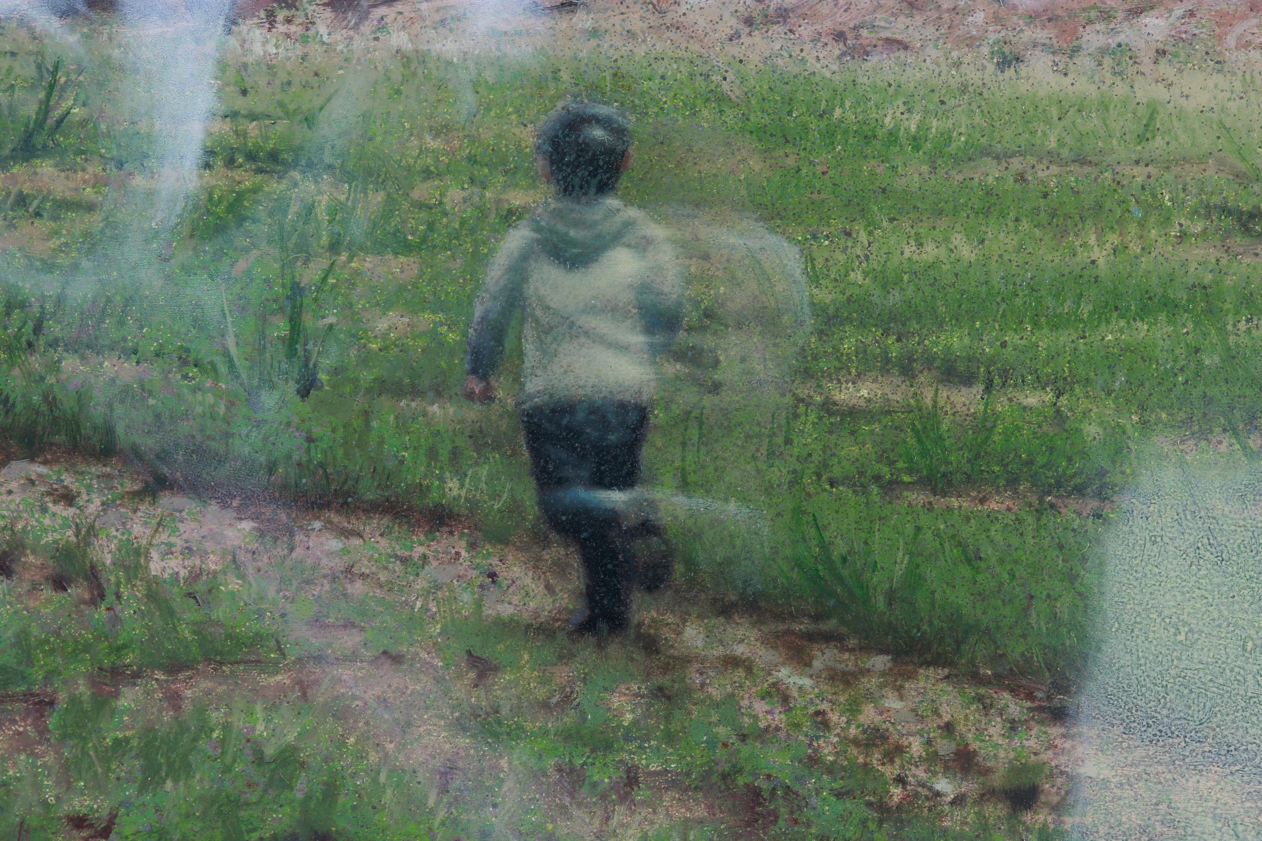 A solitary figure seen from behind walks through a loosely painted green field, amid hazy pale blue vertical forms.