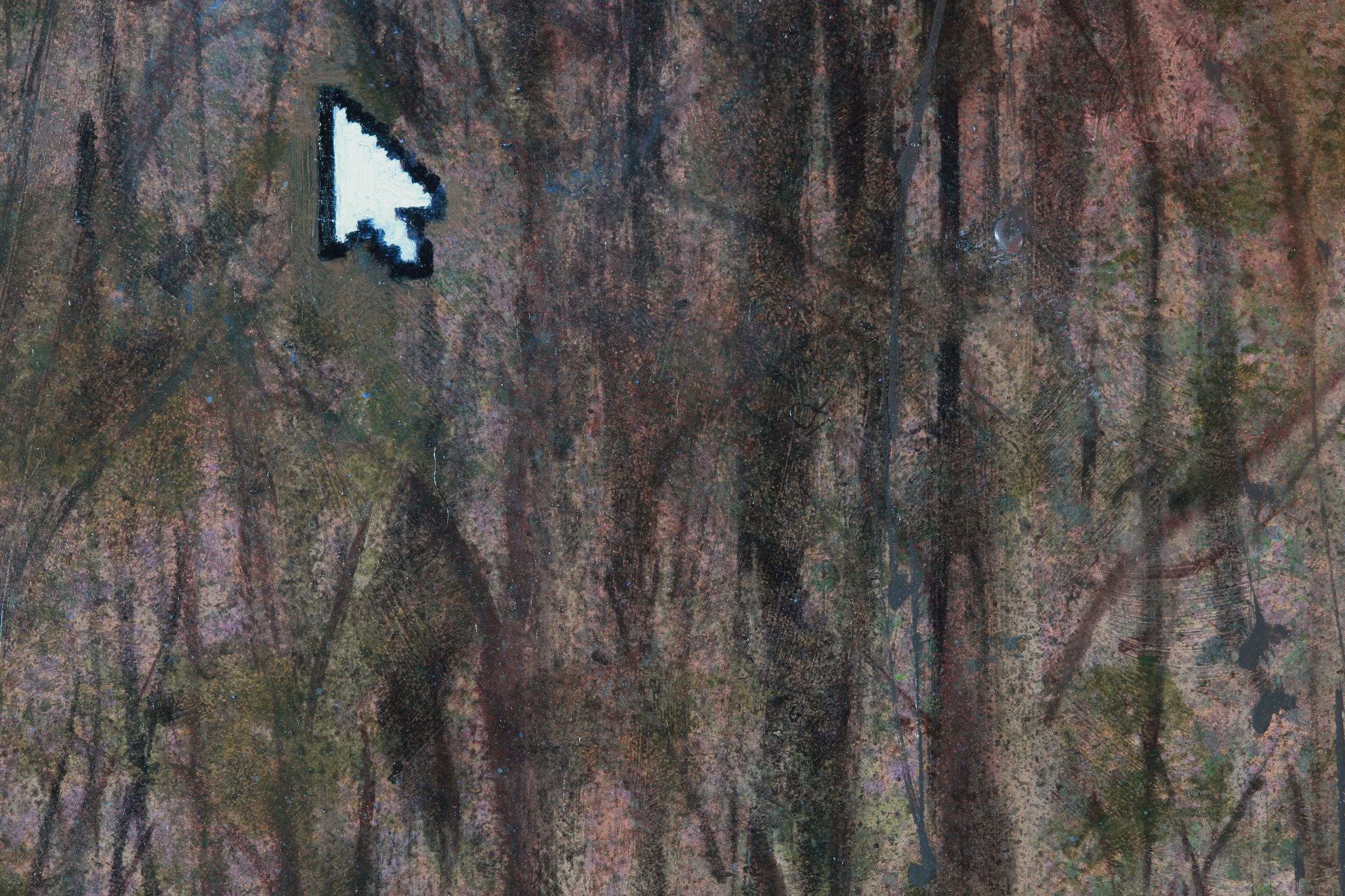 A large white pixelated cursor arrow hovers over a mottled abstract field of dark brown, green, pink, and black.