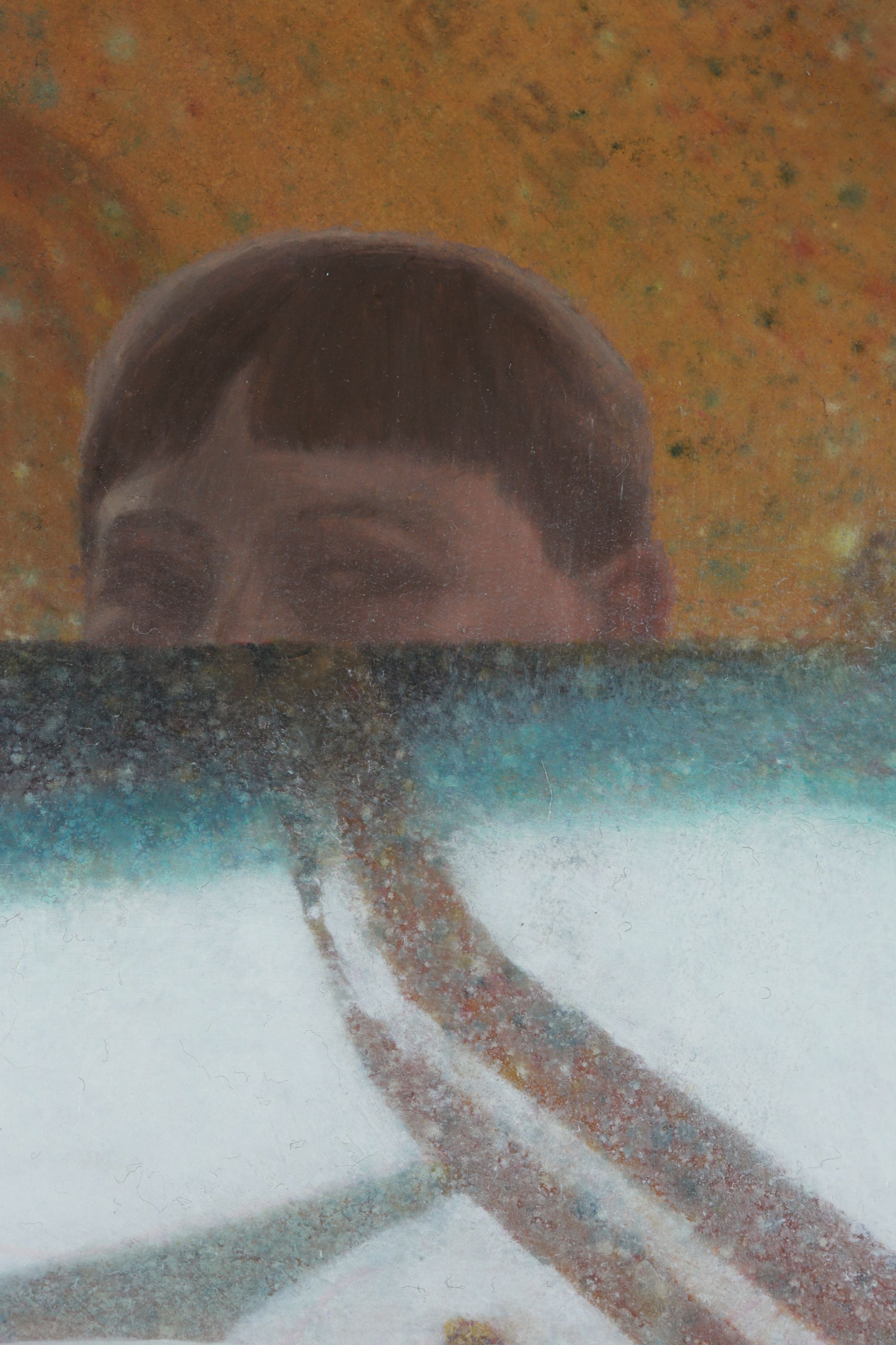 Detail of a surreal oil painting with female figure and beavis and butthead by Nick Baxter in Austin Texas