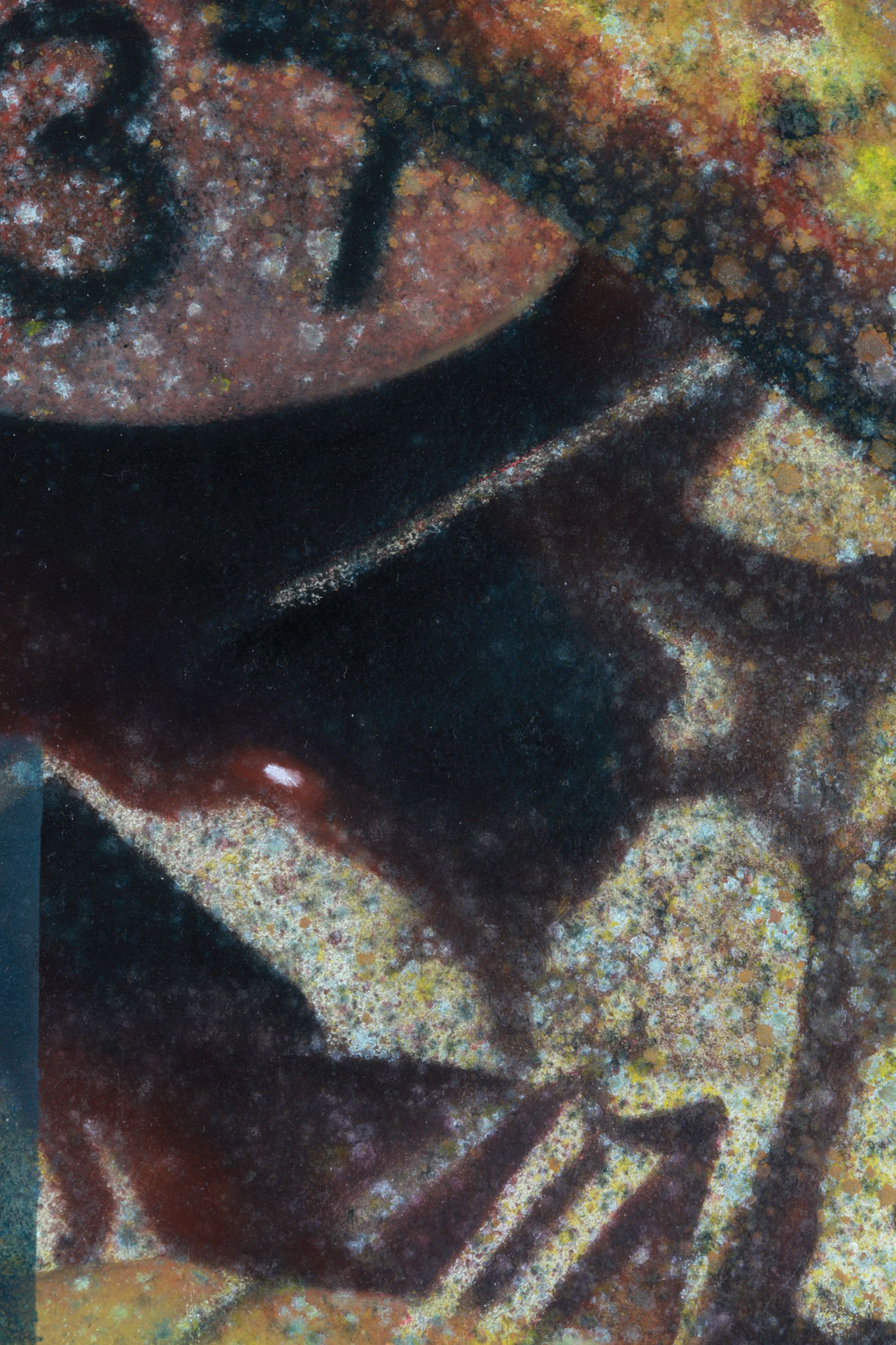 Detail of a surreal oil painting with female figure and beavis and butthead by Nick Baxter in Austin Texas