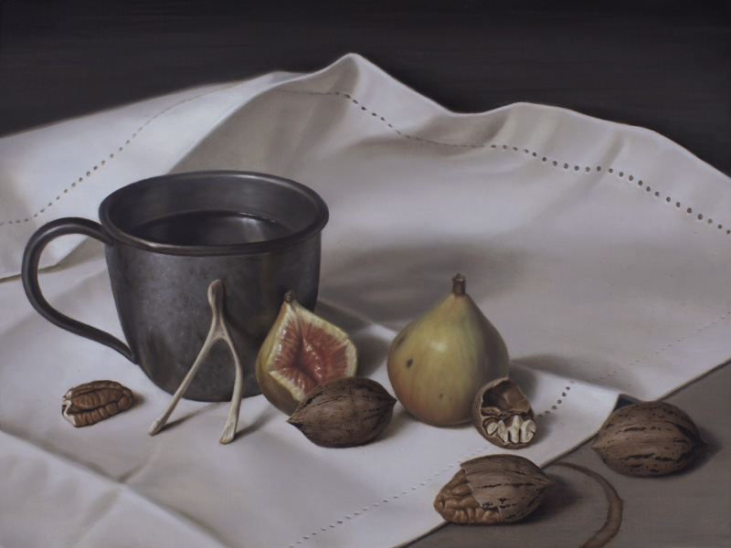 Still-life painting of a dark metal cup, yellow-green figs, walnuts, and a wishbone arranged on draped white cloth.