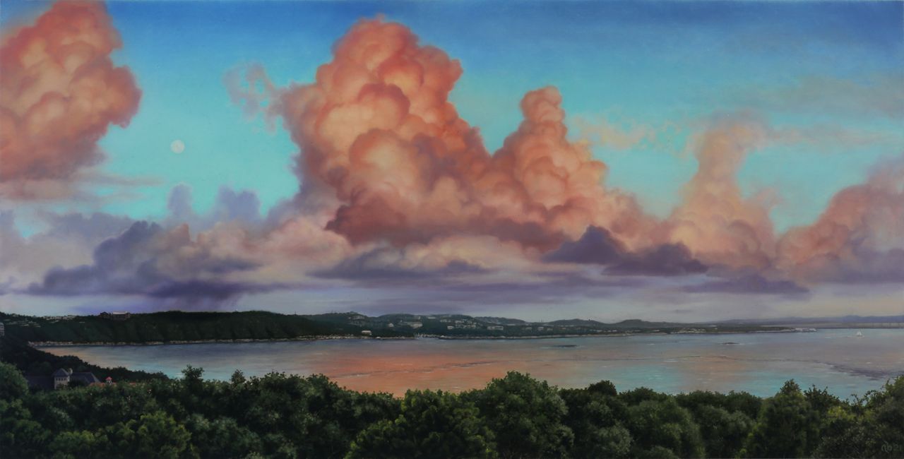 Panoramic painting of towering pink dusk clouds over a blue lake, distant wooded hills, scattered houses, and dark green foreground foliage.
