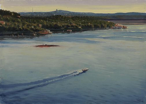 Small oil painting of a boat crossing blue water toward a wooded shoreline and distant hills beneath a pale sunset sky.