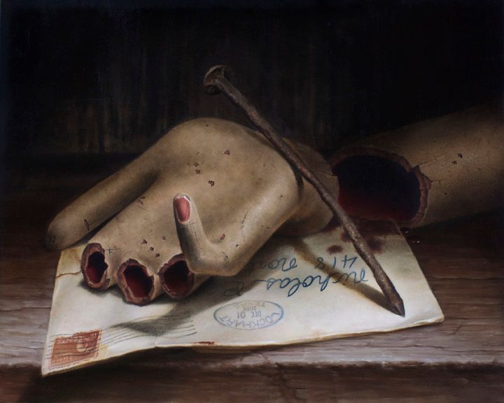 Dark oil painting of a severed mannequin hand and forearm resting on a handwritten envelope, crossed diagonally by a long, rusty nail.
