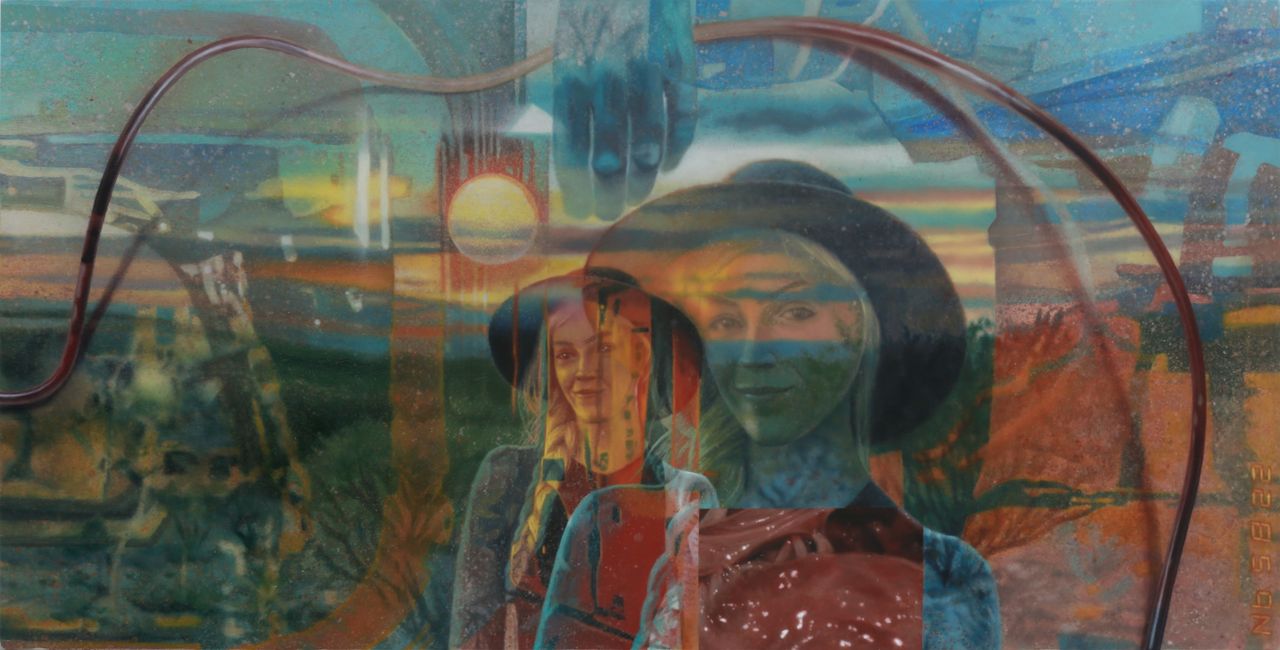 Layered turquoise, green, and orange bands obscure fragmented faces, while looping medical tubes with blood arc across the wide abstract painting.