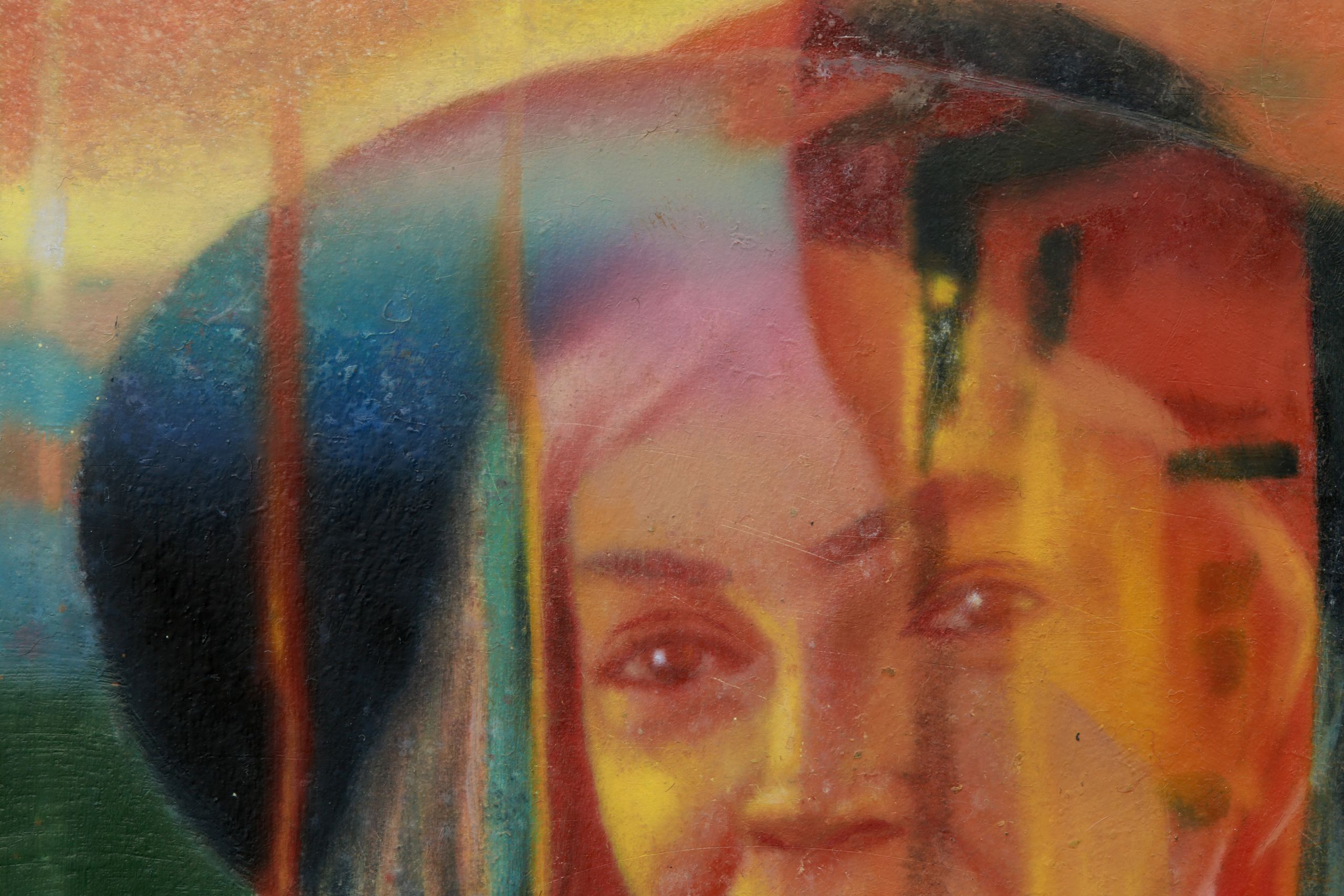 Close detail of blurred horizontal bands and blocky shapes in orange, yellow, red, turquoise, green, and black.