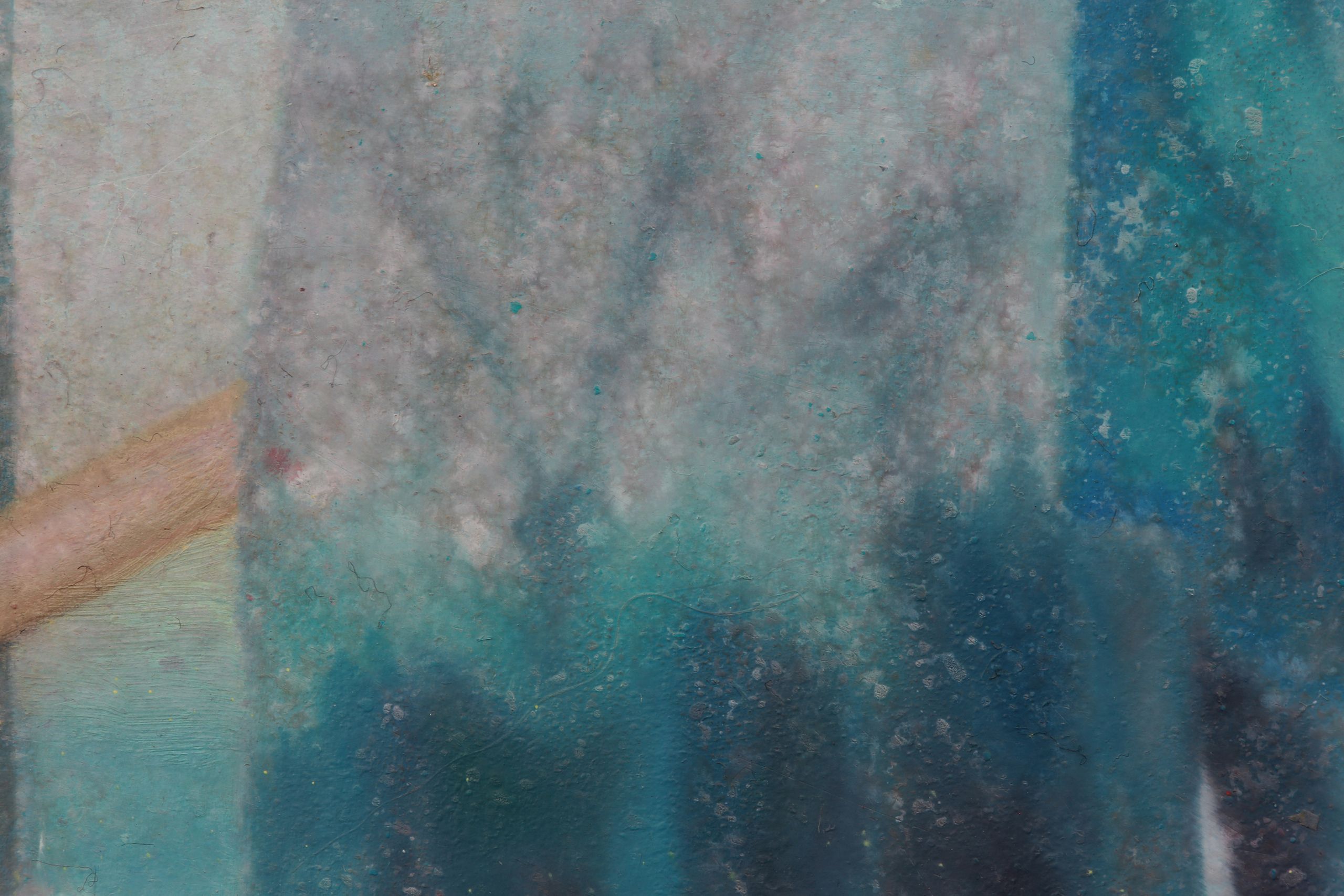 Close detail of a textured abstract painting with mottled turquoise, deep blue, pale gray, and pink fields crossed by horizontal streaks.