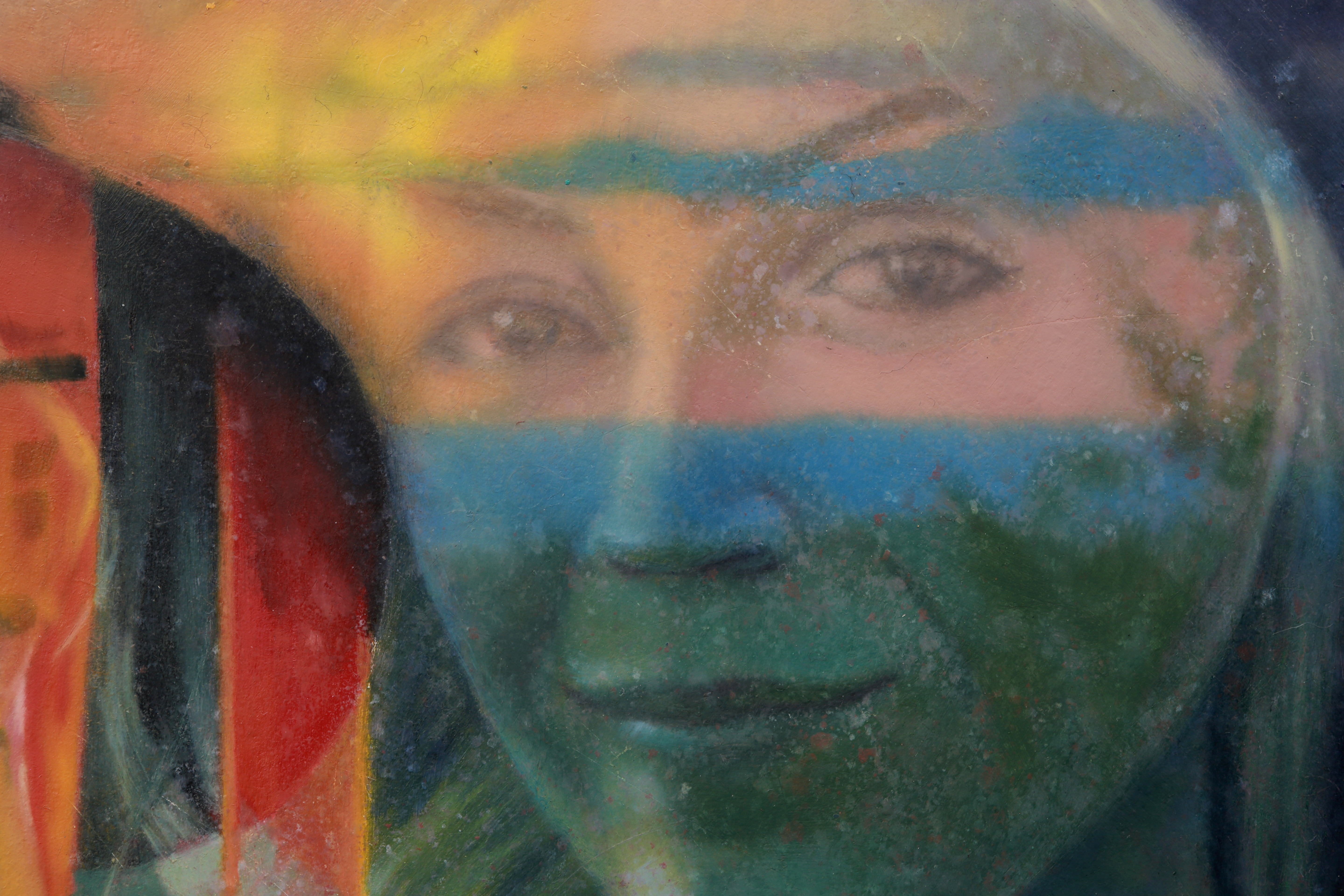 Close detail of blurred horizontal bands in yellow, orange, blue, green, red, and black across a textured painted surface revealing a woman's face.