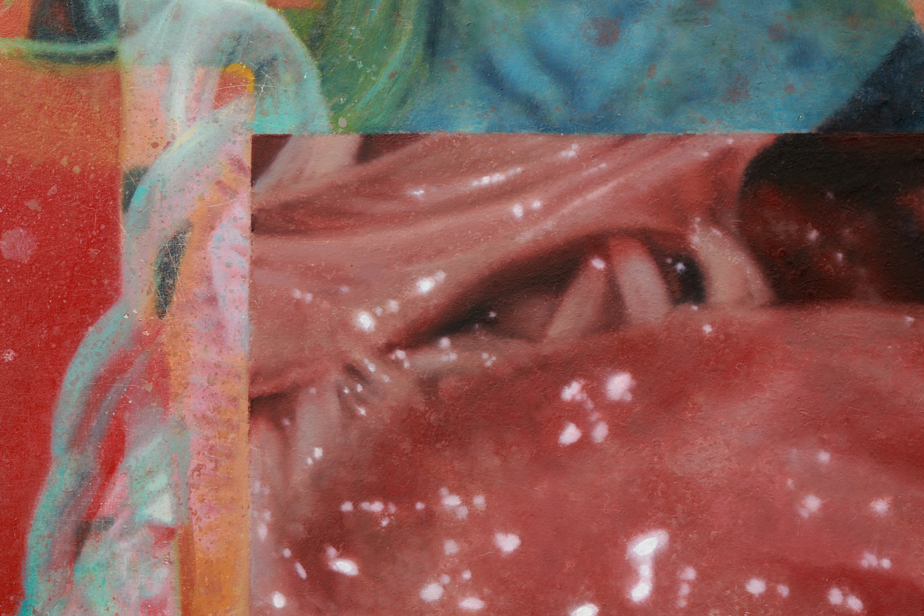 Close detail of an abstract grotesque fleshy painting with red geometric fields, turquoise and pink looping forms, dark arches, and scattered white flecks.