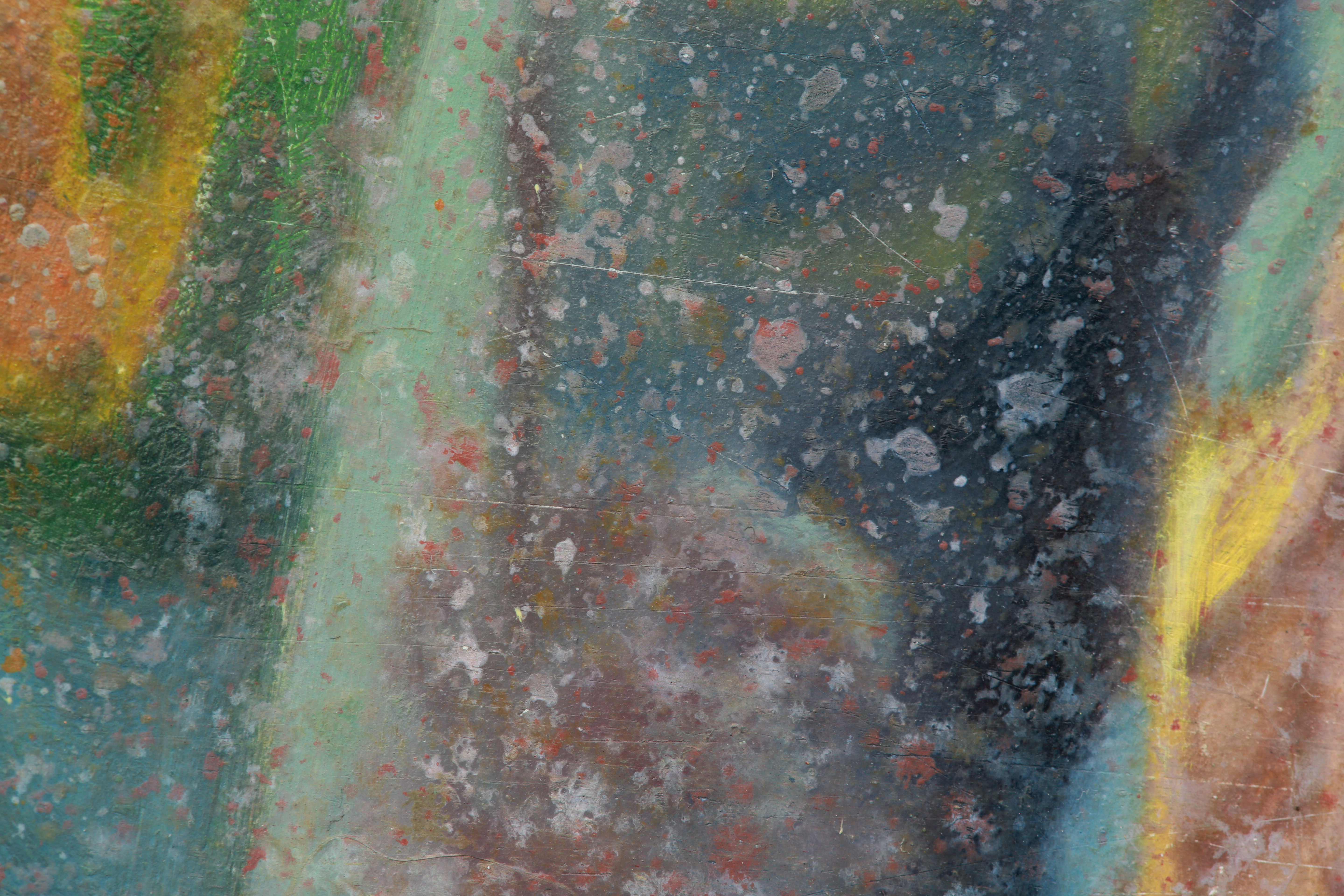 Close detail of an abstract painting with layered teal, green, blue, yellow, and orange passages, scattered red flecks, and scratched textures.