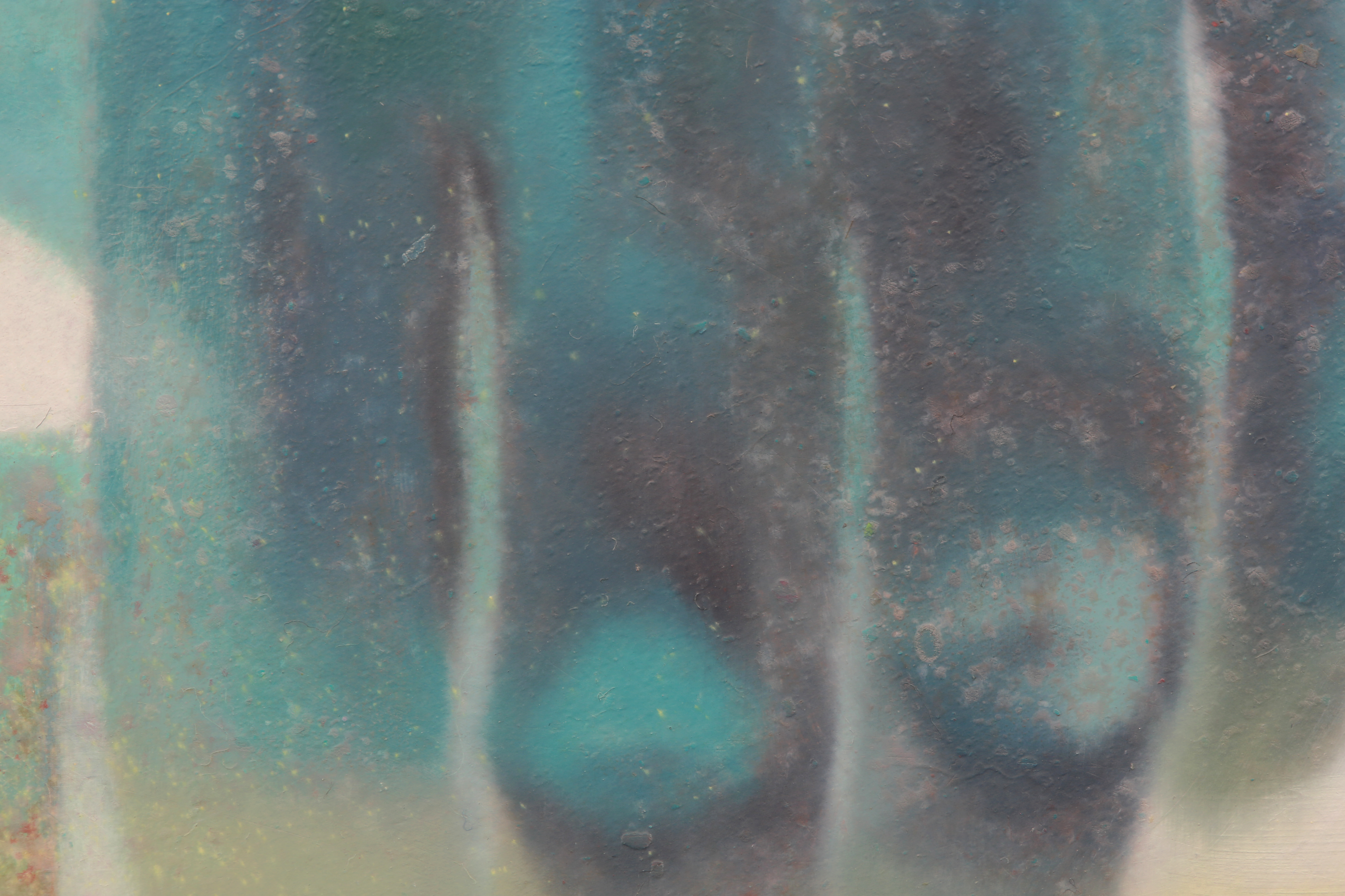 Close detail of an abstract painting with mottled turquoise and charcoal fields, pale vertical bands, and scattered yellow and red flecks.