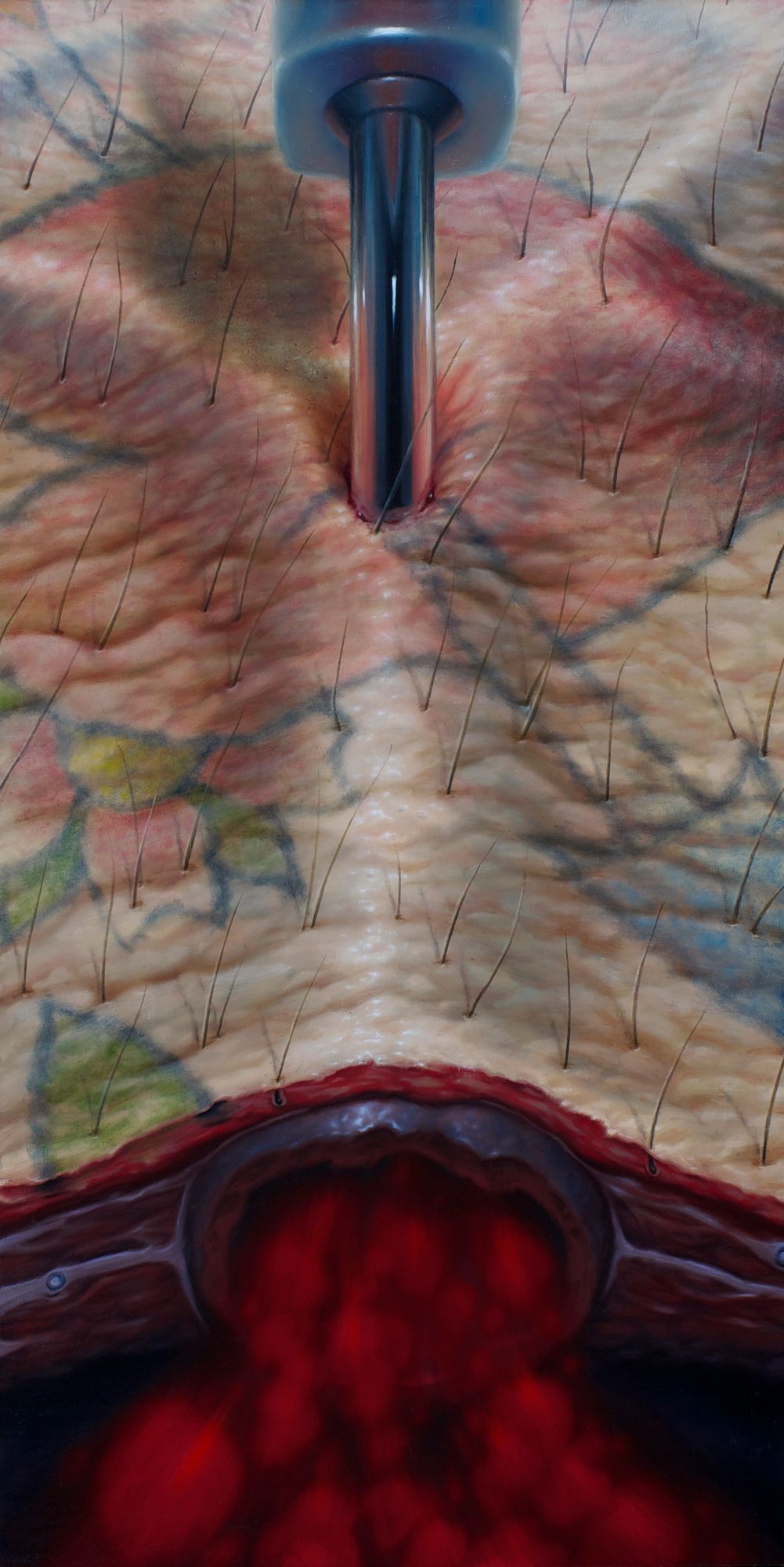 Close-up painting of a metal rod piercing hairy, marked skin above a dark open wound spilling a blurred red stream.