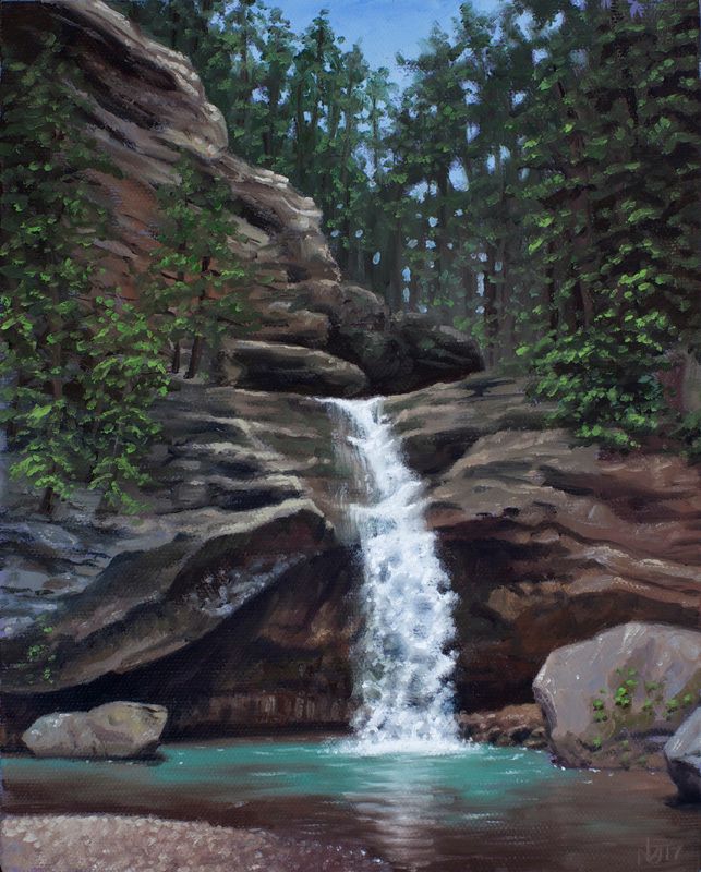 Oil painting of a white waterfall cascading over layered brown rocks into a turquoise pool, surrounded by dense green forest.