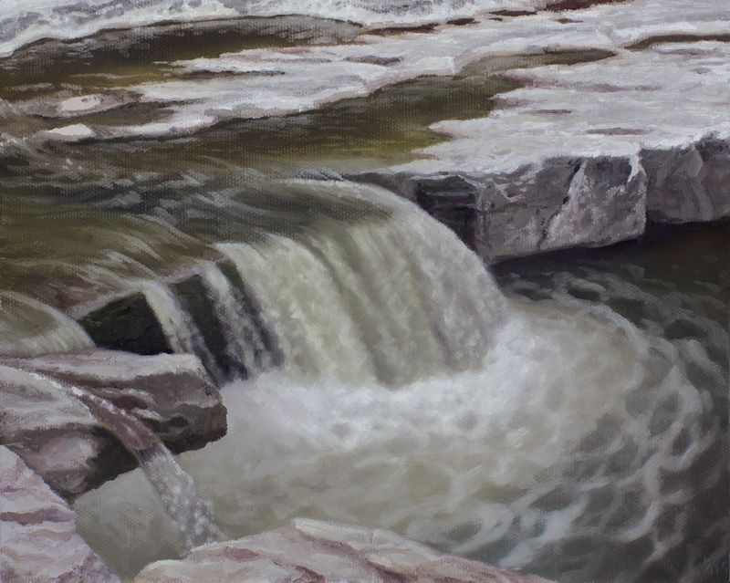 Oil painting of foaming water cascading over layered gray and brown rocks into a turbulent pool.