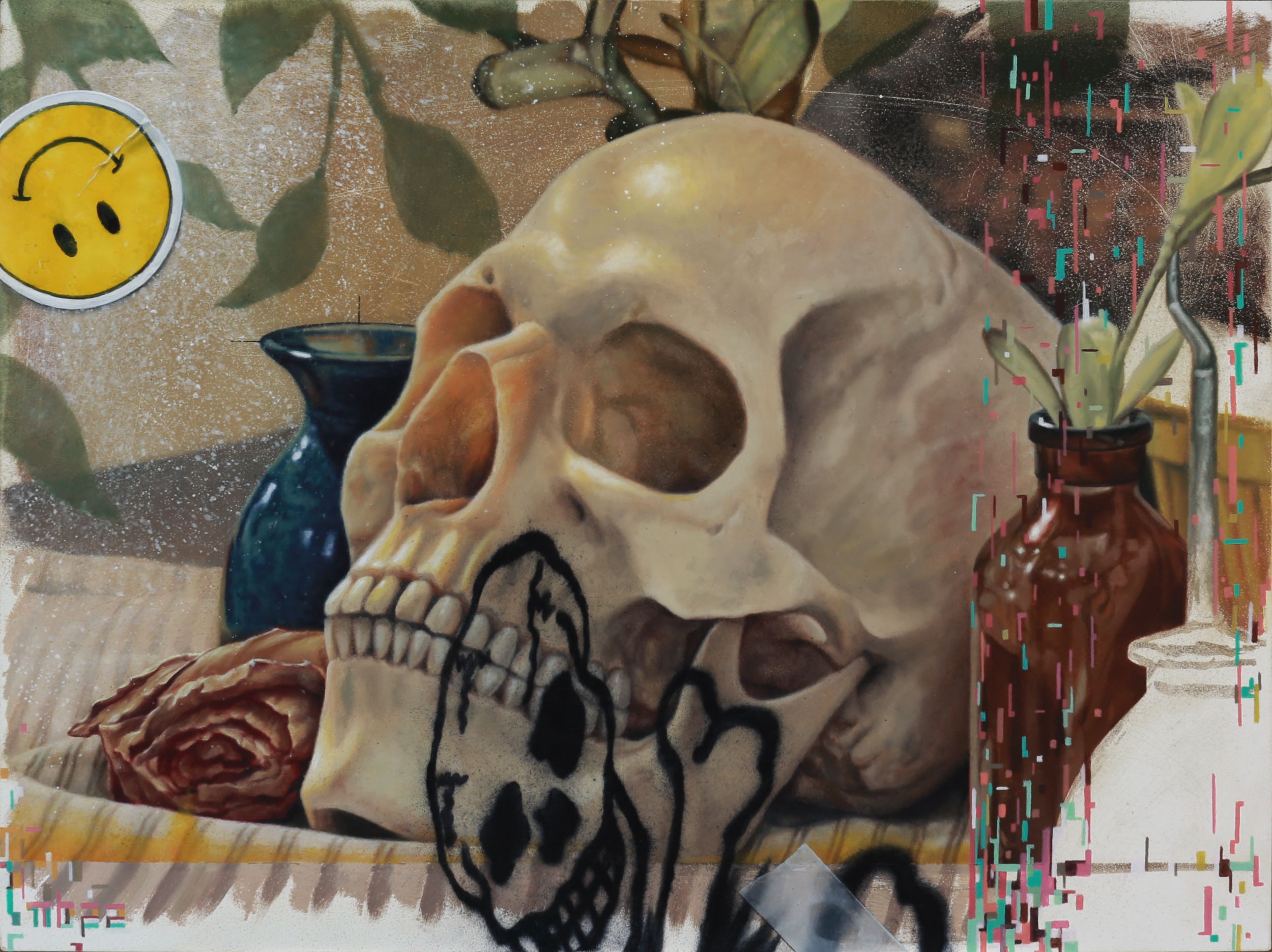 A large beige skull dominates a layered still life with a black spray-painted skull drawing, yellow smiley face sticker, rose, leafy plants, bottles, and colorful linear marks.