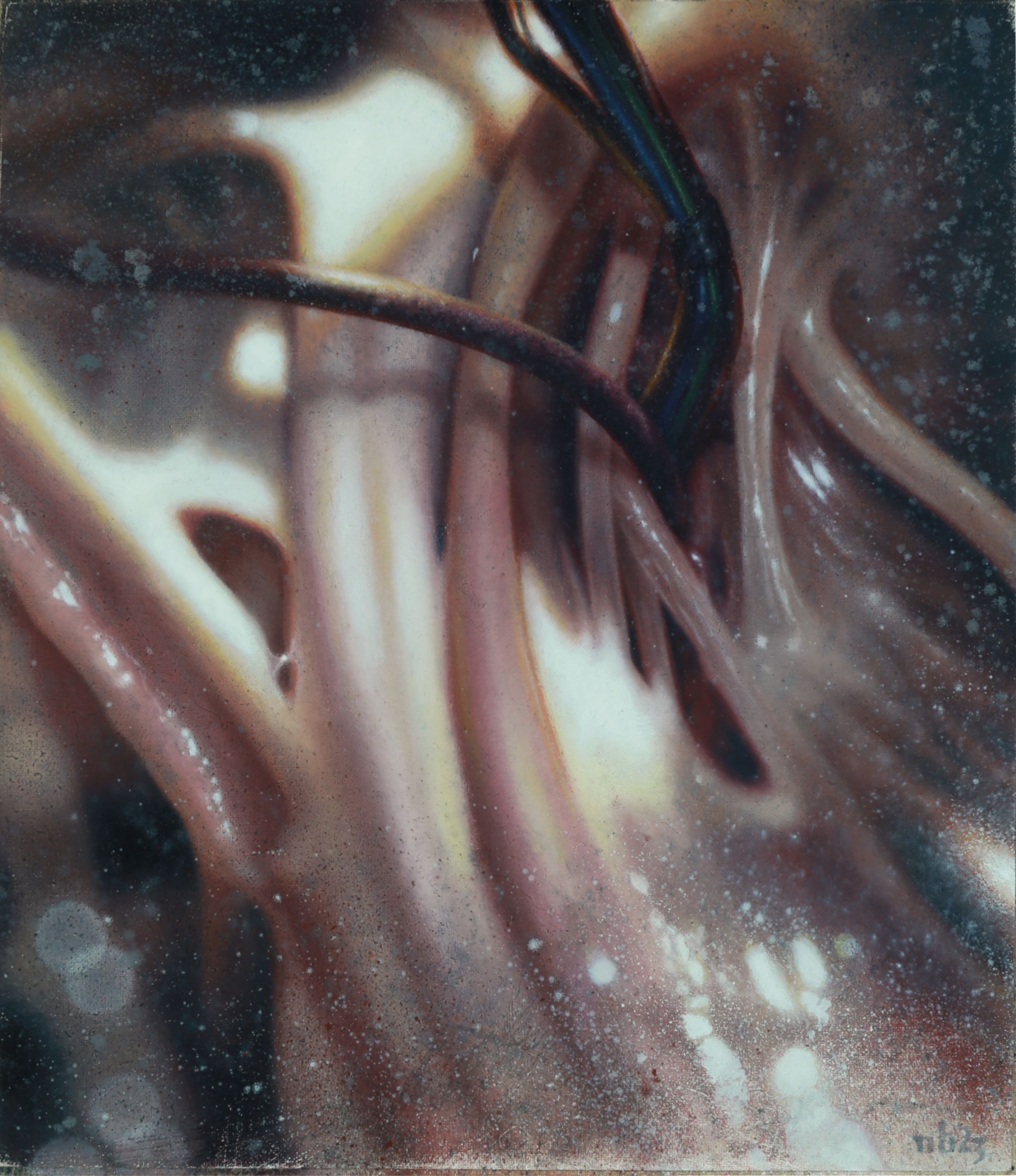 Abstract close-up of pink flesh-like folds crossed by dark, multicoloured cables, with glowing cream shapes and a mottled, speckled surface.