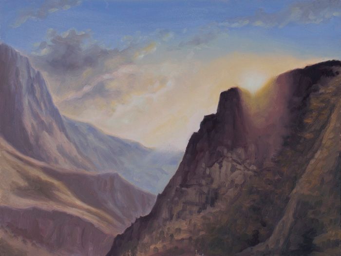 Oil painting of rugged purple-brown mountain peaks framing a distant valley beneath a blue, cloud-streaked sky glowing yellow at sunset.