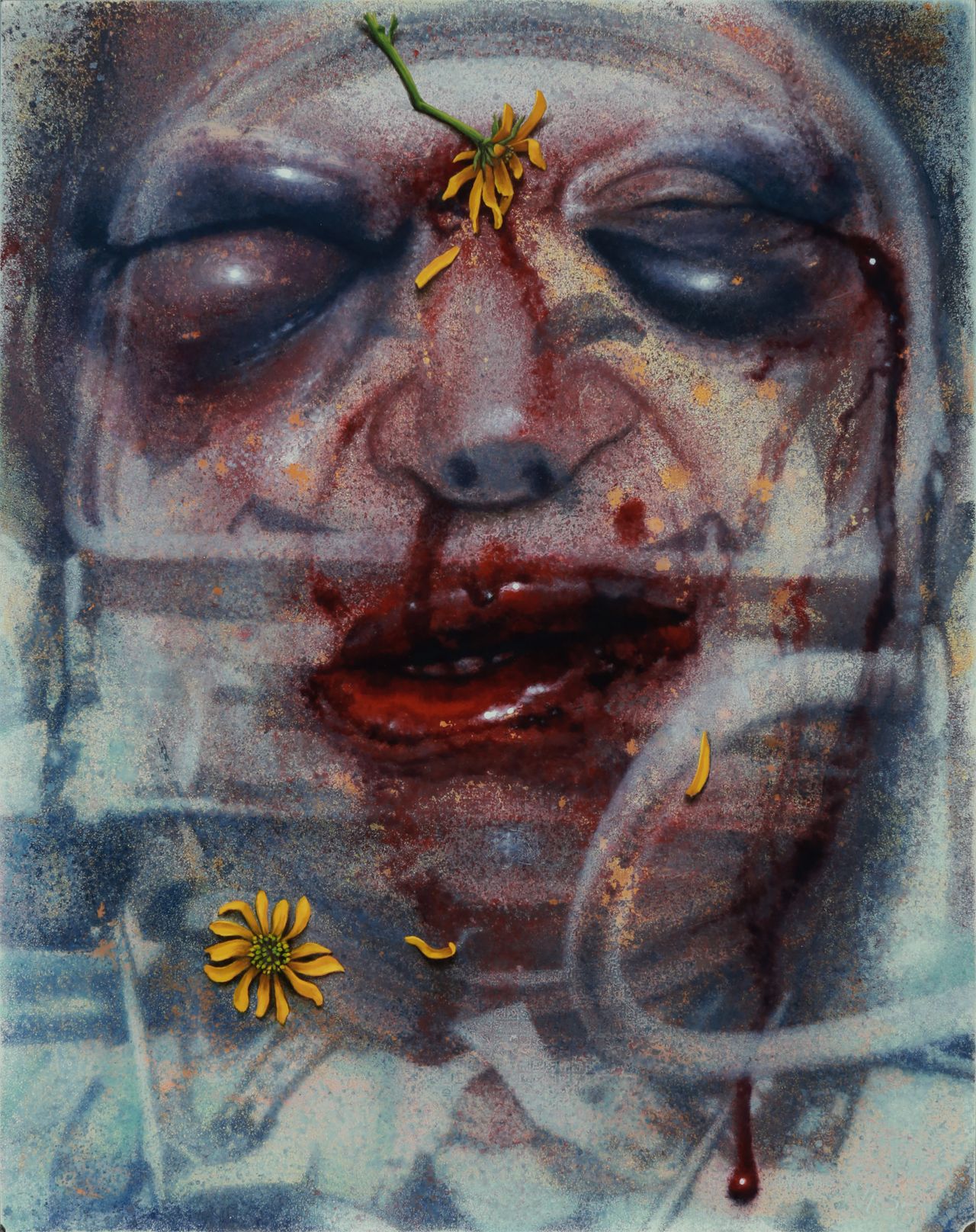 Surreal oil painting of human face with flowers by Austin Texas artist Nick Baxter