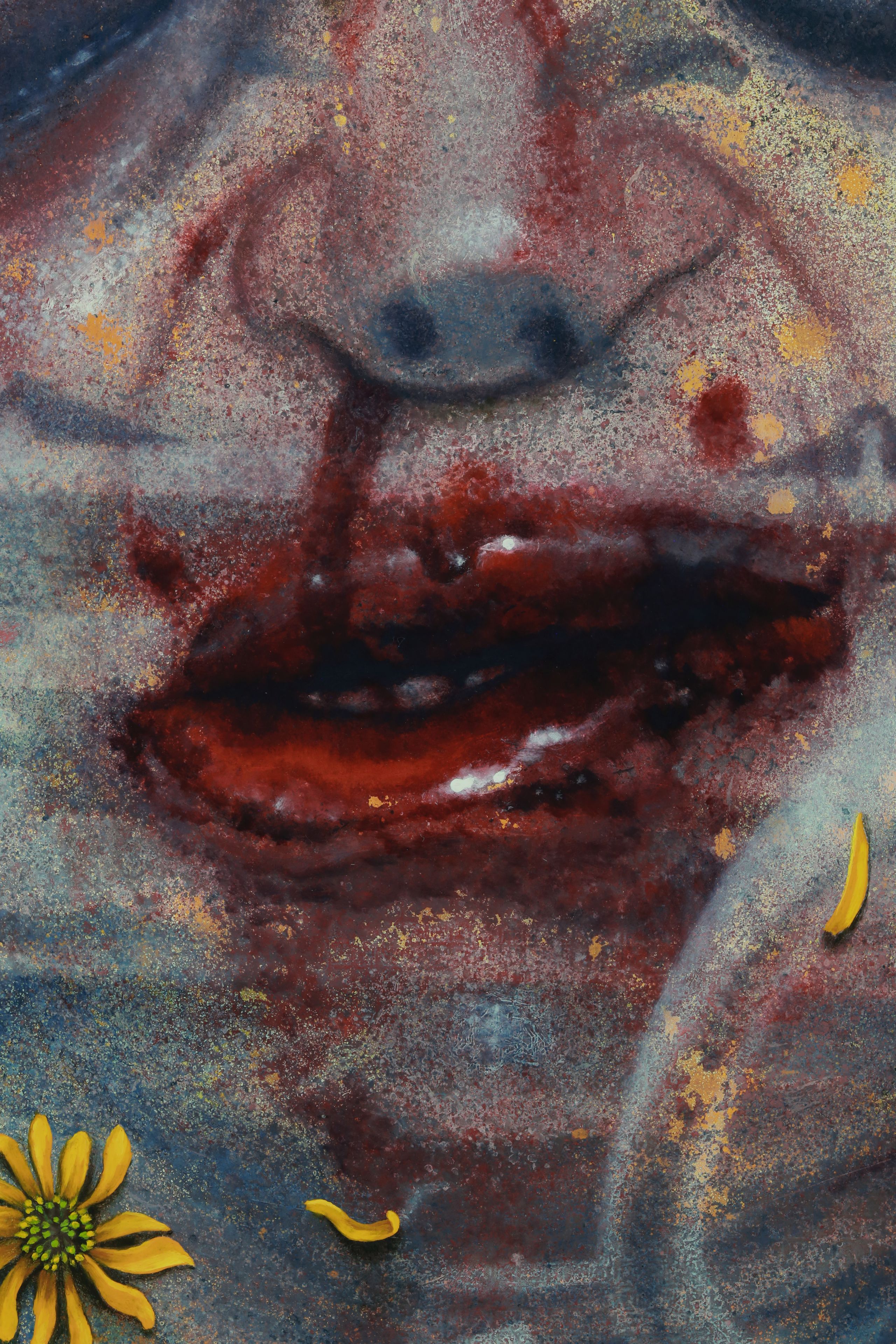 Surreal oil painting of human face with flowers by Austin Texas artist Nick Baxter