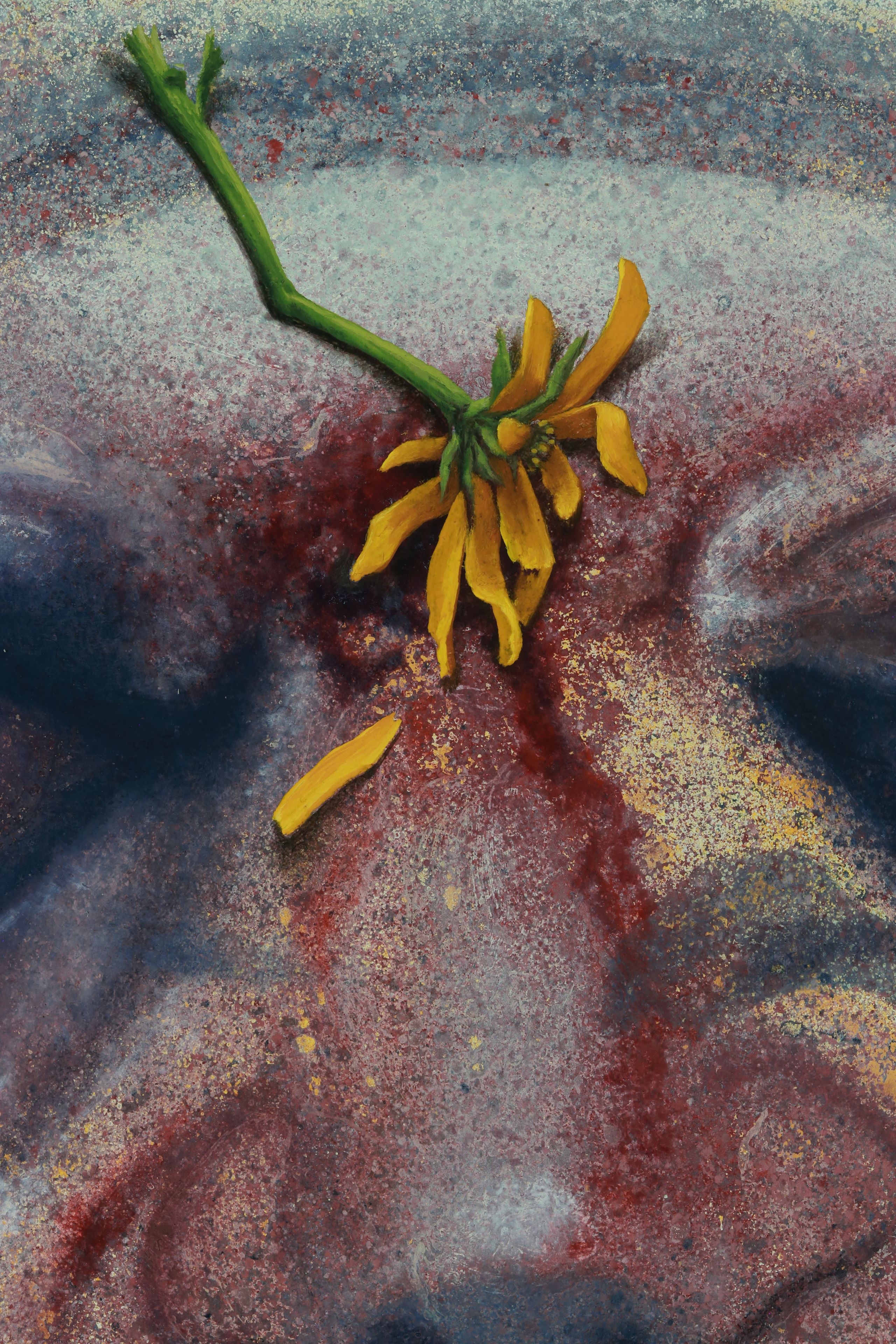 Surreal oil painting of human face with flowers by Austin Texas artist Nick Baxter