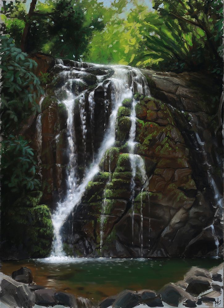 Oil painting of a cascading white waterfall over dark, mossy rocks into a green pool, surrounded by dense foliage.