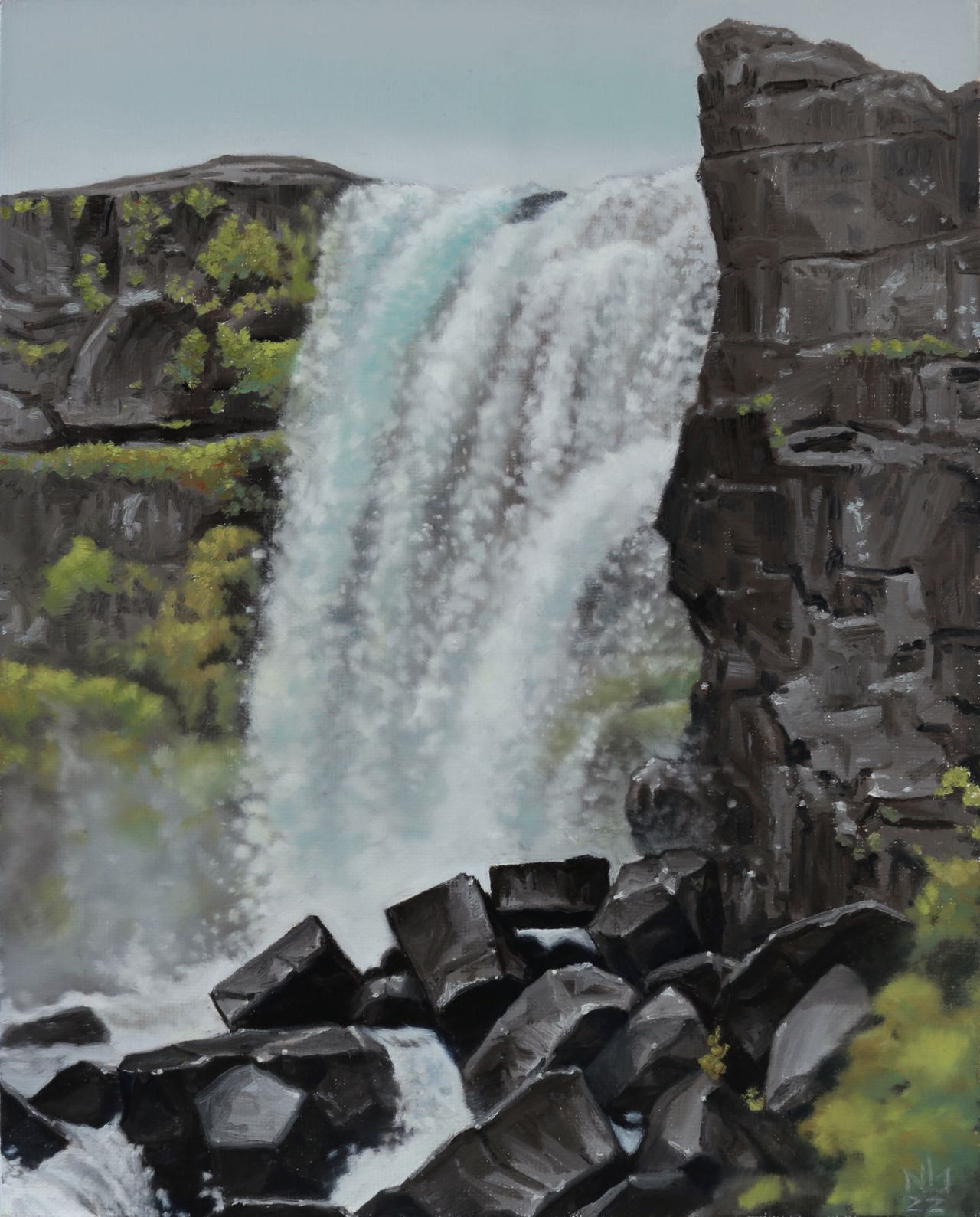 Oil painting of a broad white waterfall cascading between dark cliffs, with green moss and angular black rocks in the foreground.