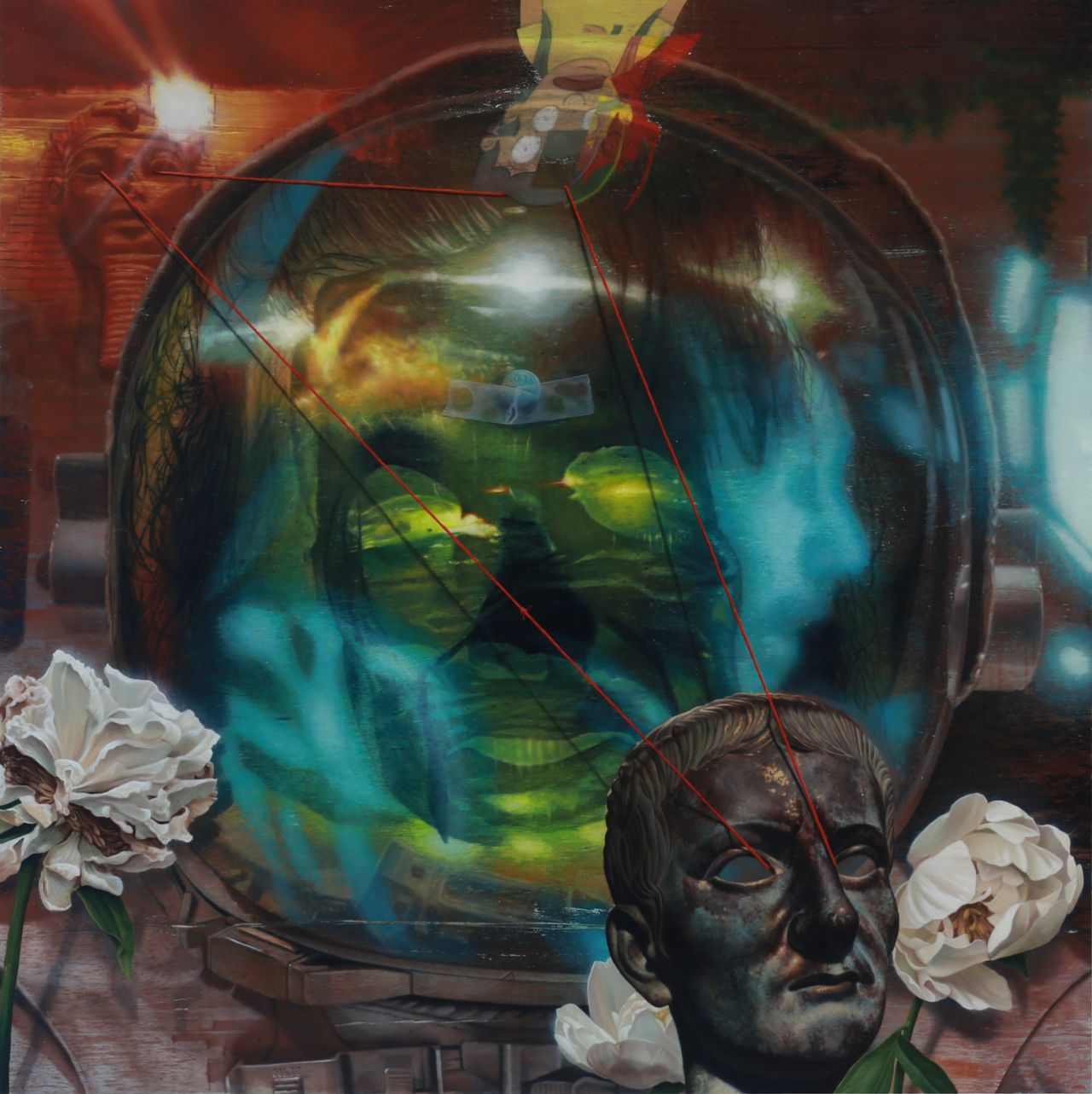 A layered red, teal, and green painting shows astronaut helmet crossed by red string, with white flowers and a dark sculpted face below.