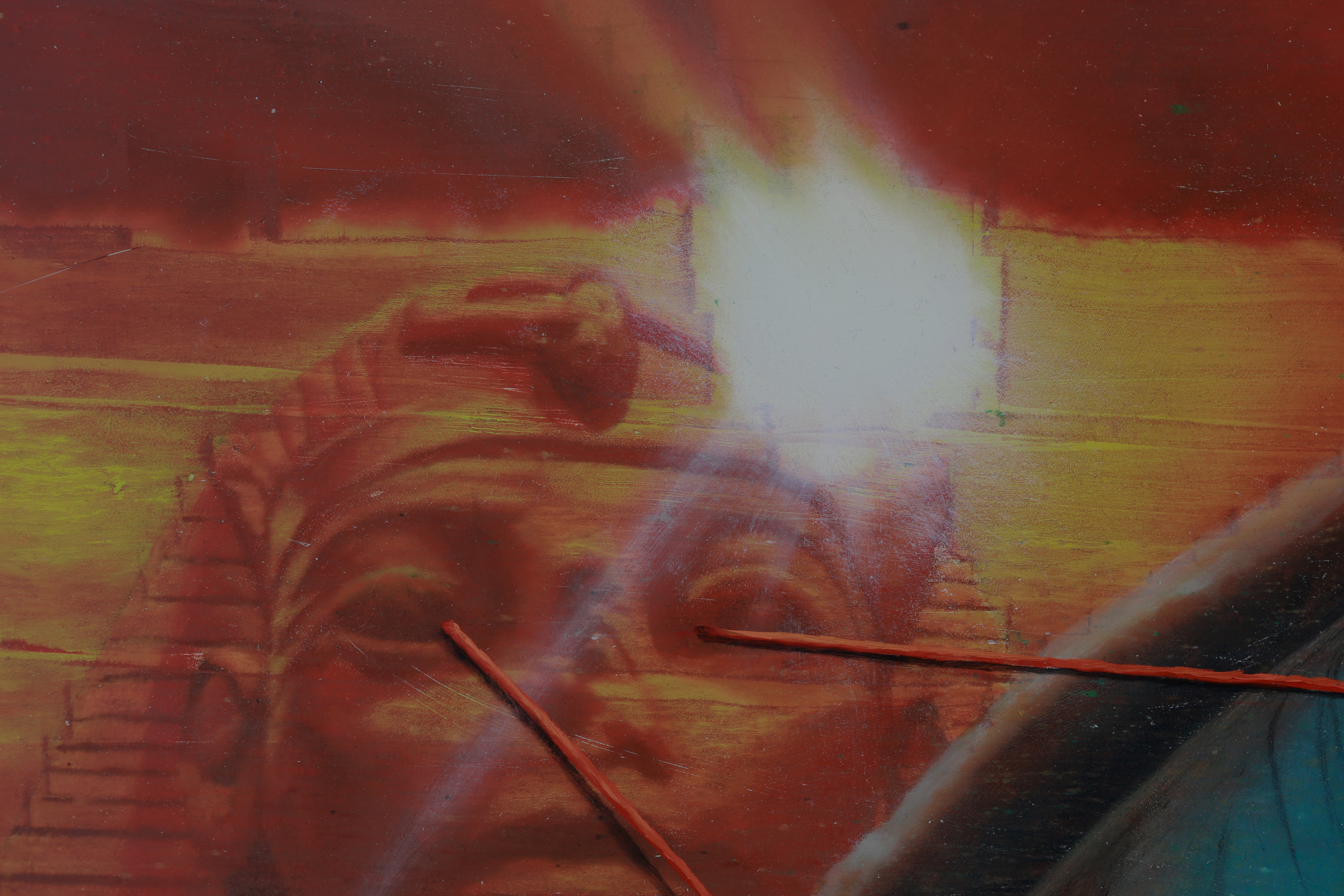 Close detail of layered red and ochre pharoah's face, crossed by dark diagonal forms with scratches, and scattered speckles.