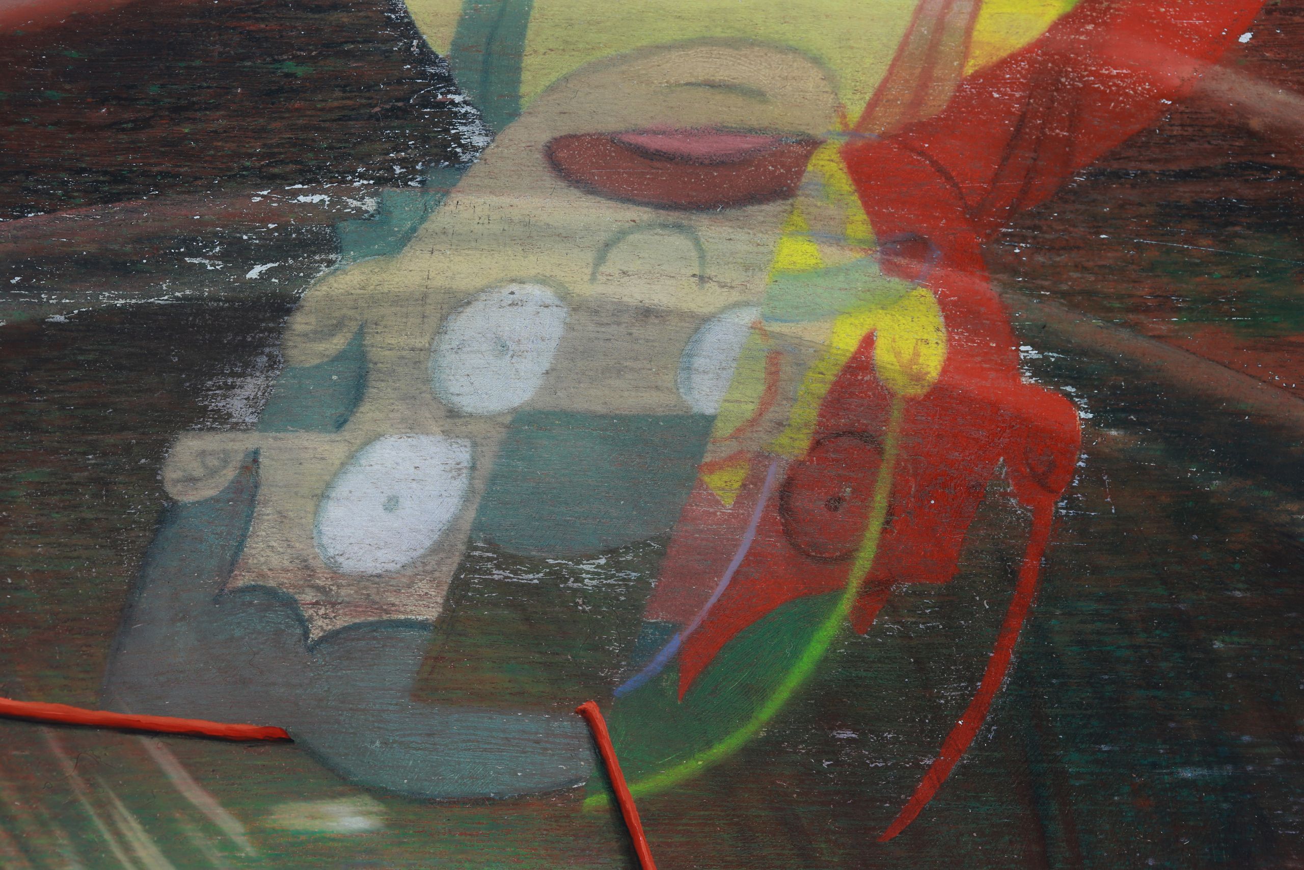 Close detail of an abstract painting with gene from bob's burgers cartoon and layered black horizontal strokes over red, yellow, teal, beige, and pale blue bands.