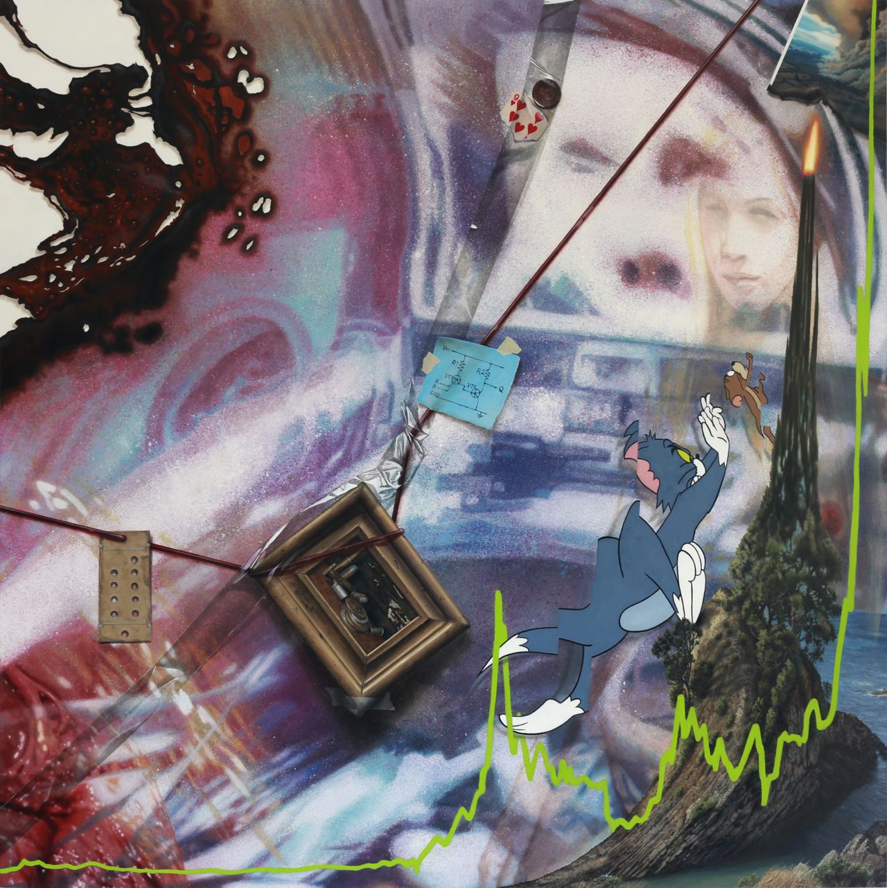 Surreal collage-like painting layers a cartoon cat and mouse, pale astronaut face, flame, wires, dark blotches, and neon-green price graph over swirling purples and blues.