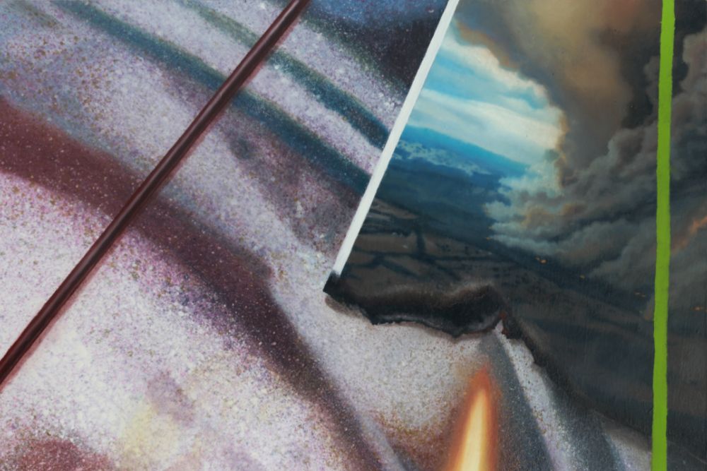Close detail of a painting with mottled pink and gray diagonals beside stormy blue-black clouds, a vivid green stripe, and an orange flare.