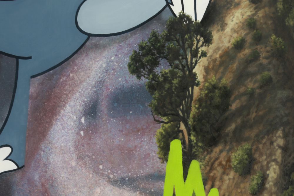A close detail combines a rocky, tree-covered slope with outlined blue and speckled purple forms and a bright neon-green shape.