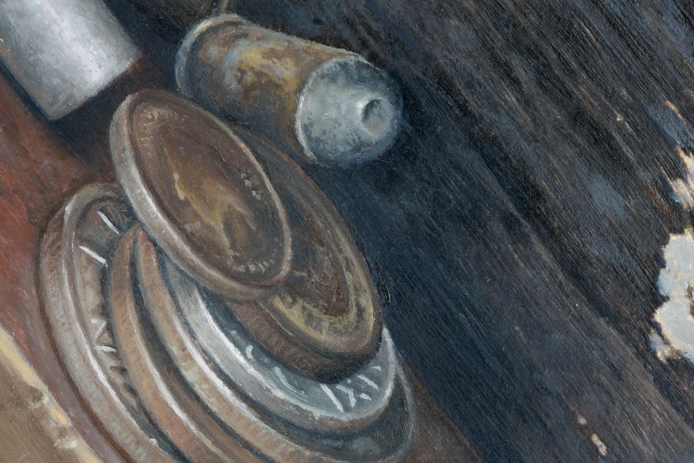 Close detail of stacked coins and bullet against a heavily textured black, brown, and gray background.