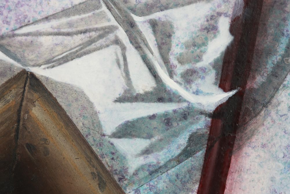 Abstract painting with layered angular forms, white sweeping bands, mottled blue-grey fields, a brown triangular mass, and dark red vertical bars.