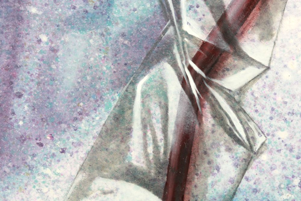 Abstract painting with angular translucent forms and a dark red diagonal beam against a mottled field of pale turquoise, lavender, and white.
